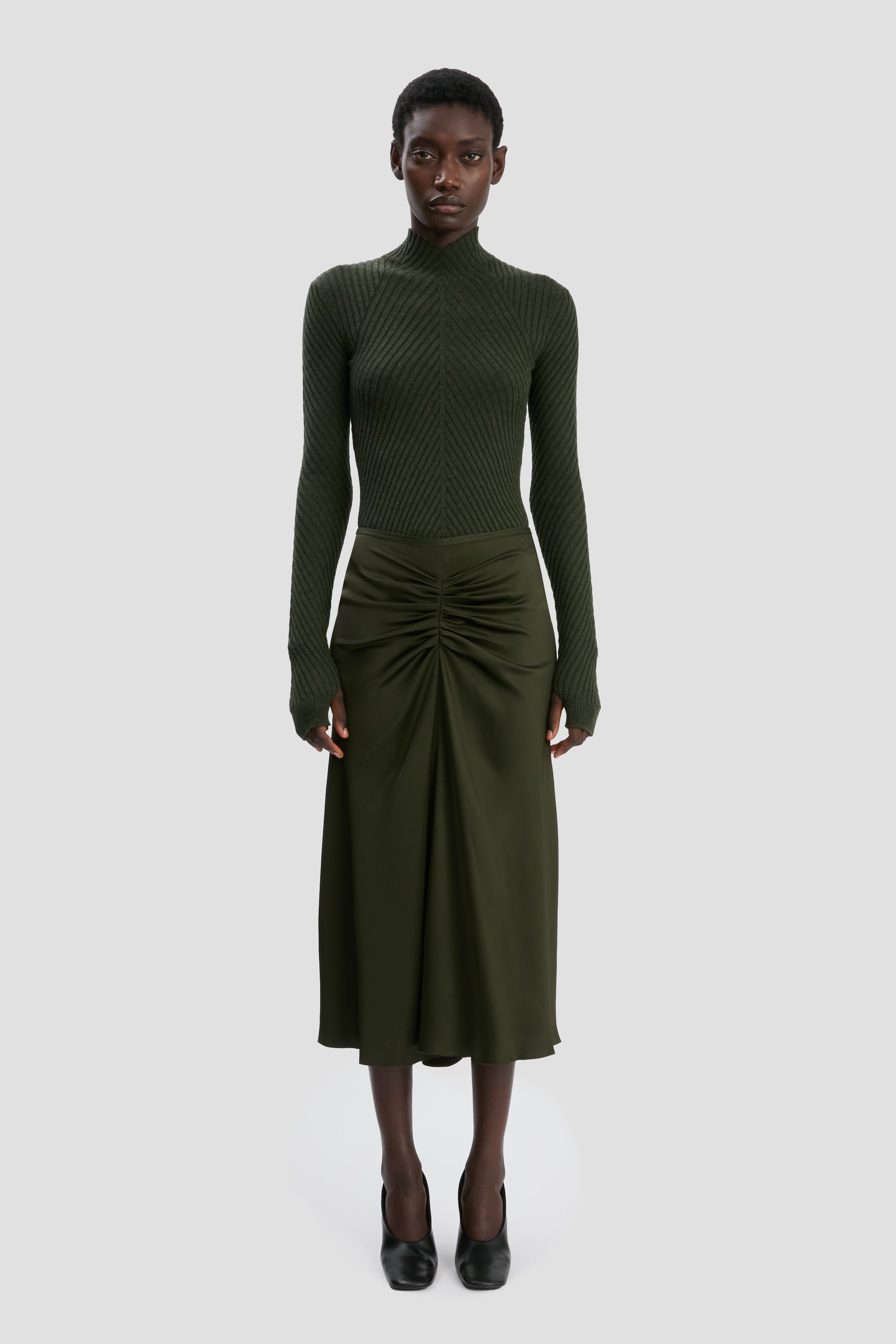 Gathered Waist Midi Skirt In Dark Olive - 2