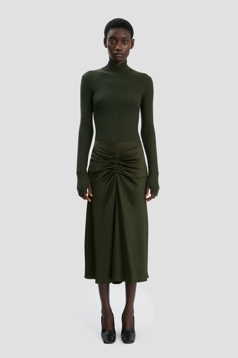Victoria Beckham Gathered Waist Midi Skirt In Dark Olive outlook