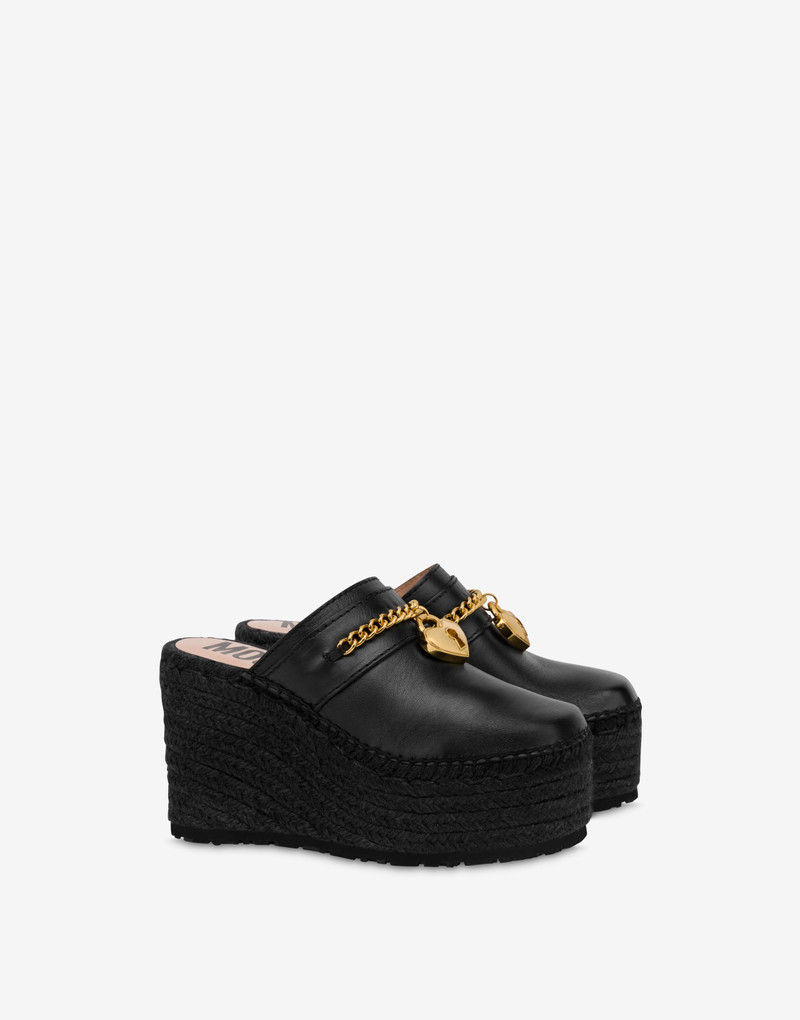 CHAIN & HEART CALFSKIN WEDGE MULES 1