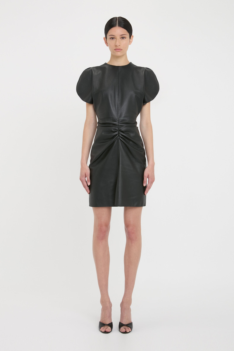 Victoria Beckham Gathered Waist Mini Dress In Soft Black Leather outlook