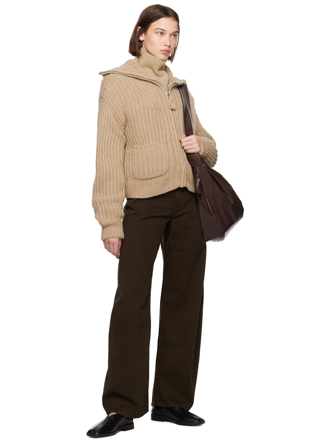Beige Trucker Collar Zipped Cardigan - 4