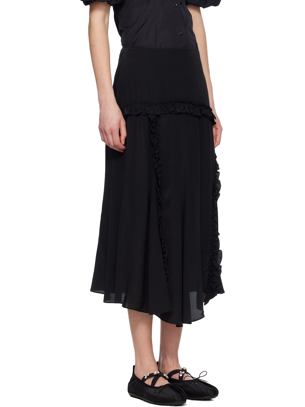 Black Ruffle Frill Multi-Seam Midi Skirt - 2