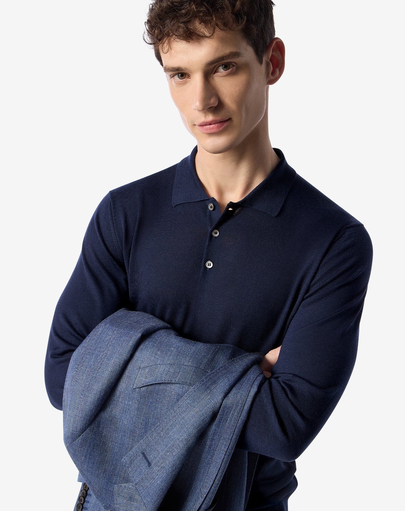 Pale blue ultra fine wool button-up polo - 5