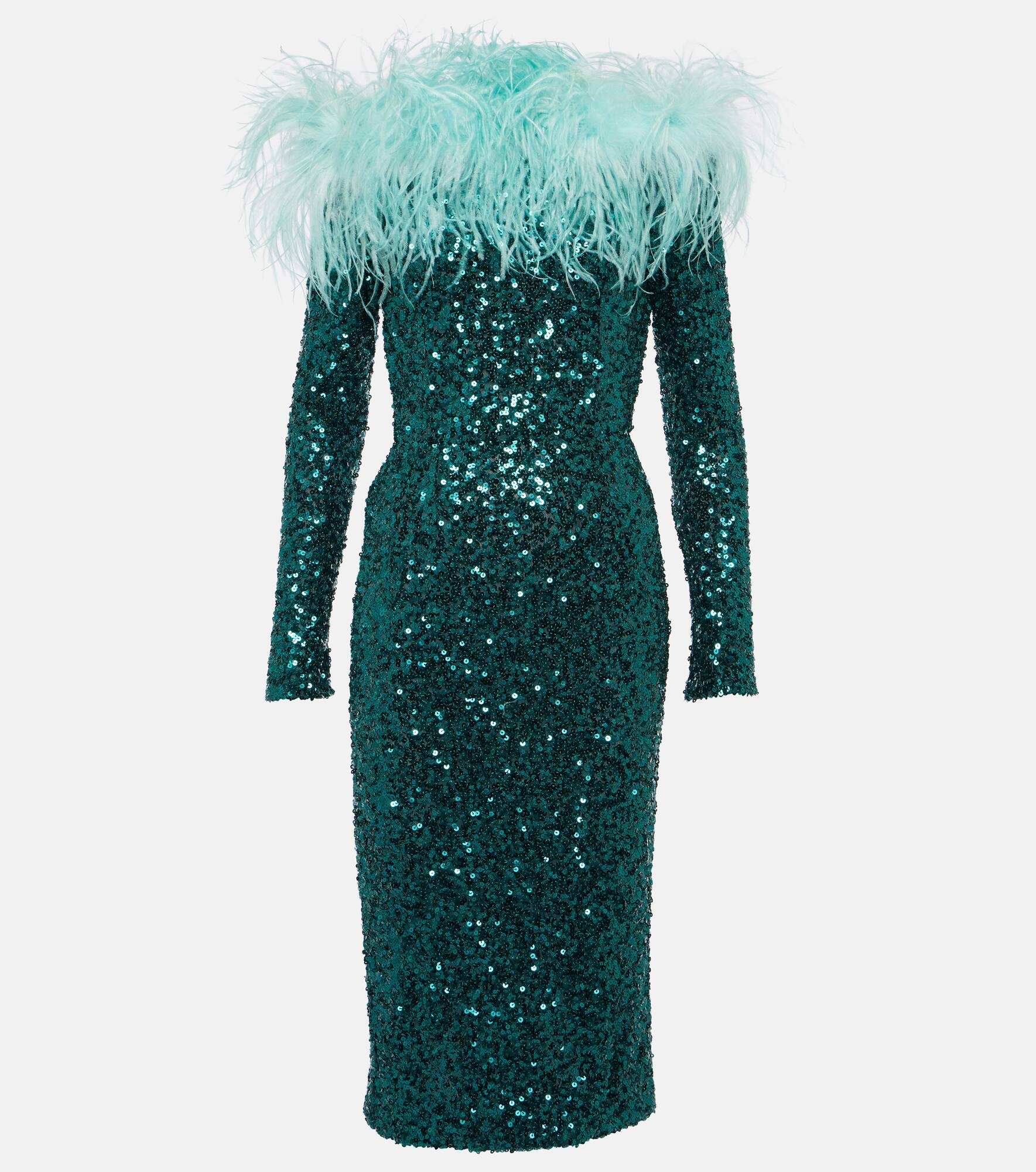 Feather-trimmed sequined midi dress - 1