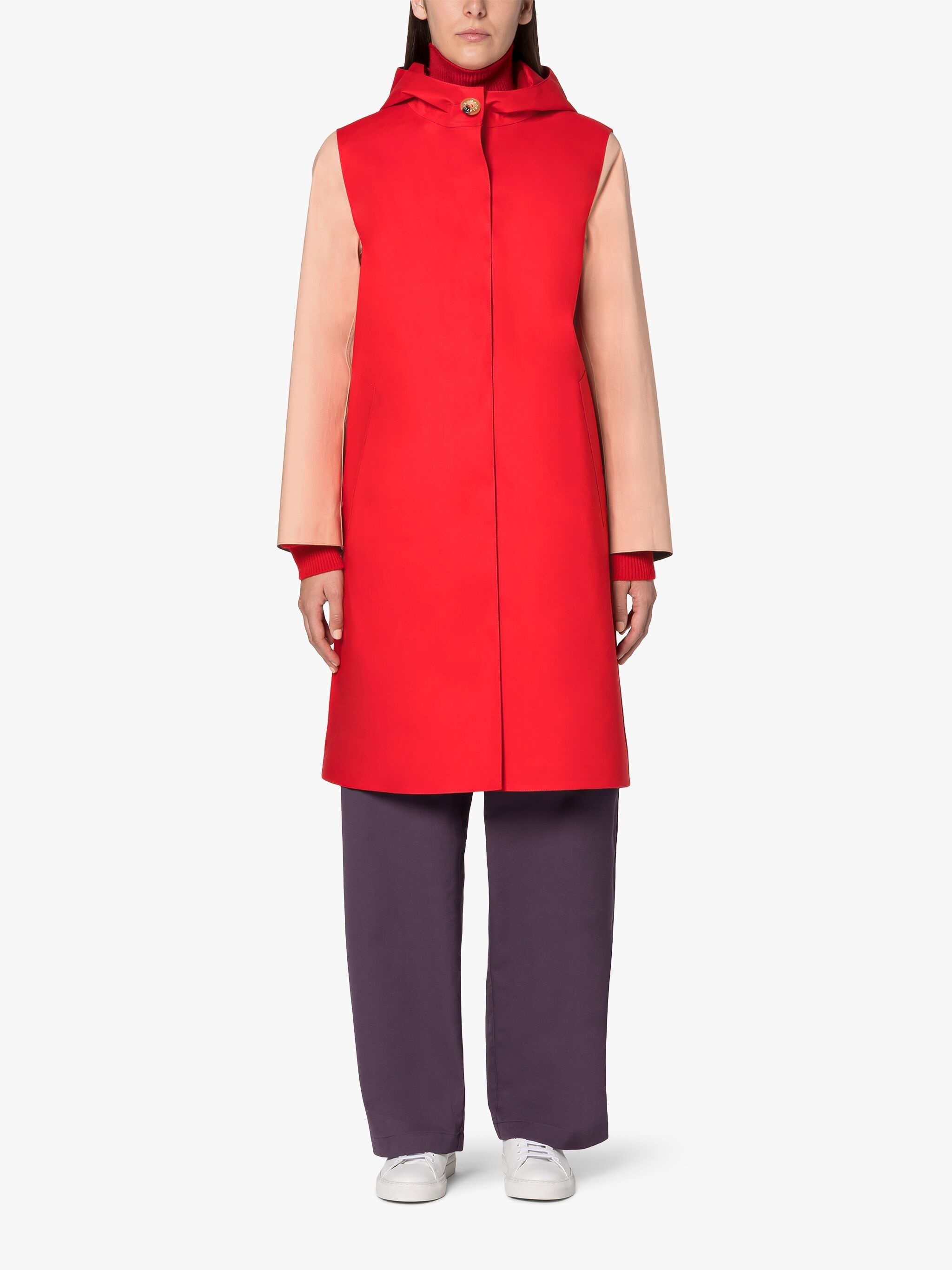 WATTEN RED BONDED COTTON COLOUR BLOCK HOODED COAT - 3