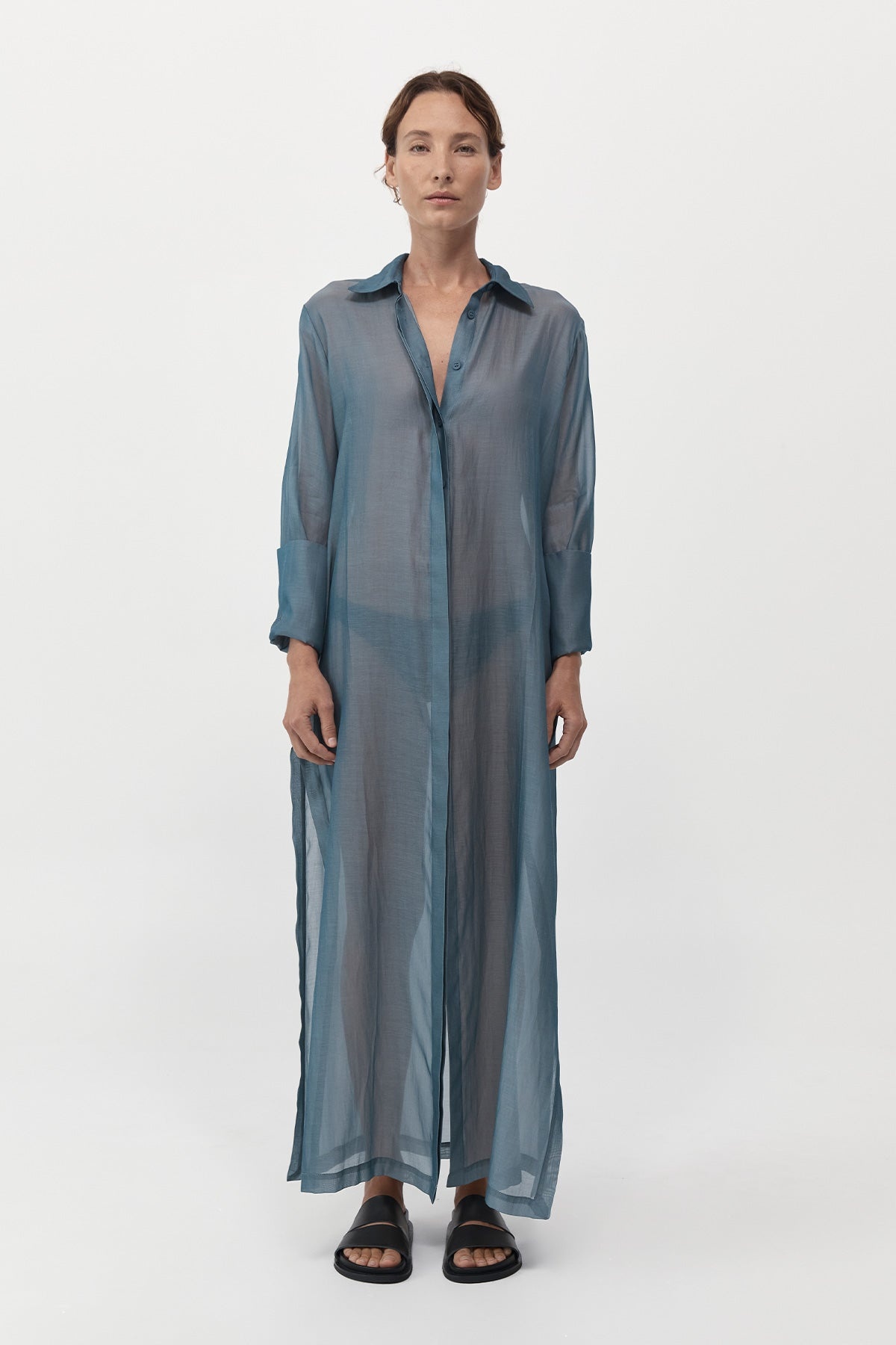 Sheer Shirt Dress - Slate - 3
