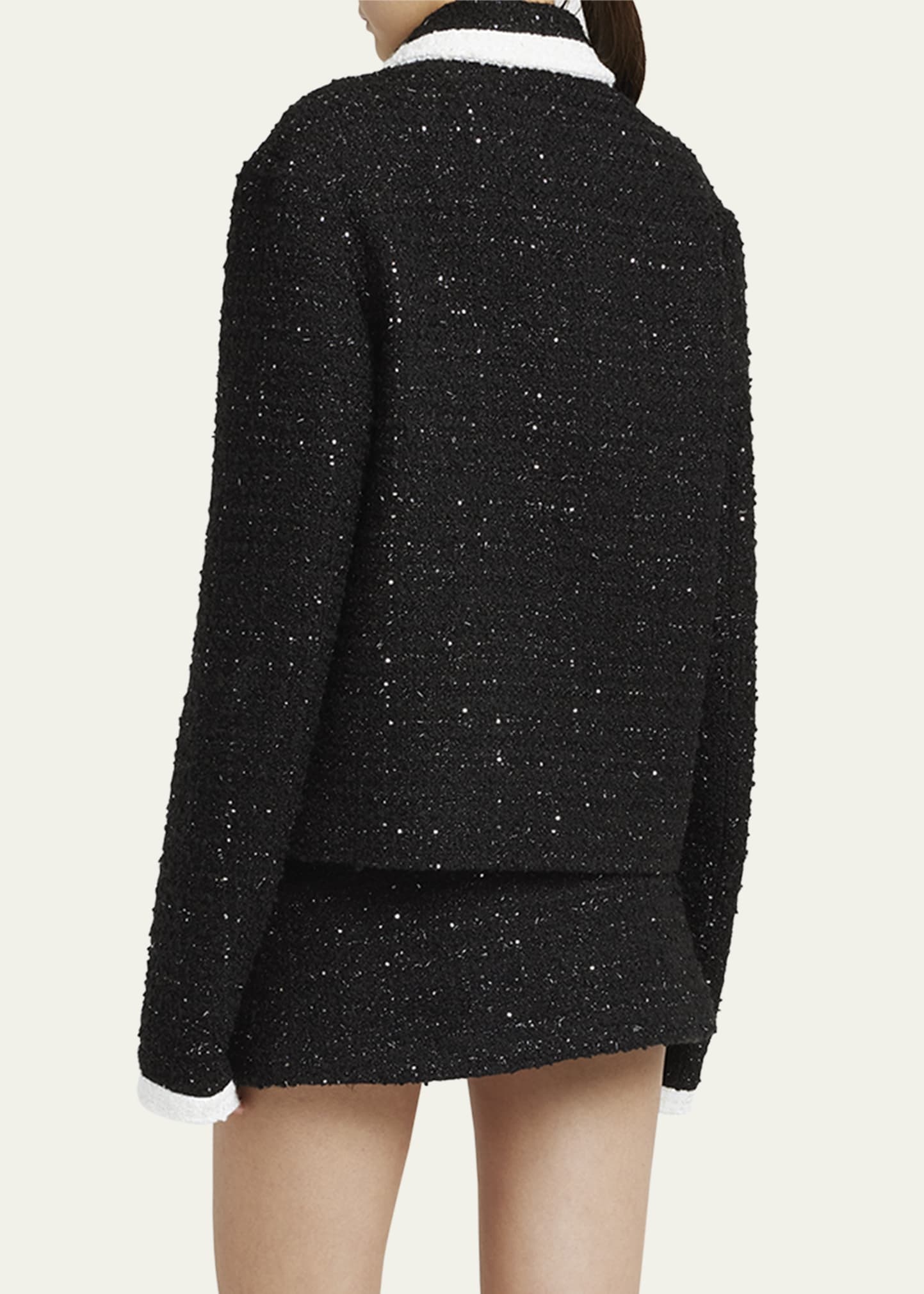 Metallic Tweed Contrast-Trim Collared Blazer Jacket - 3