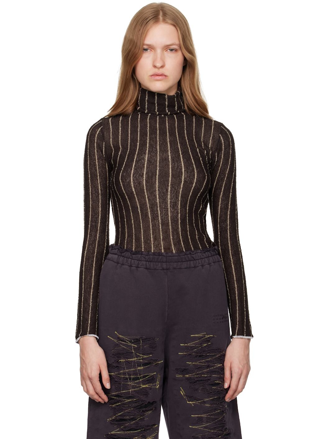 Brown Pinstripes Underpinnings Turtleneck - 1