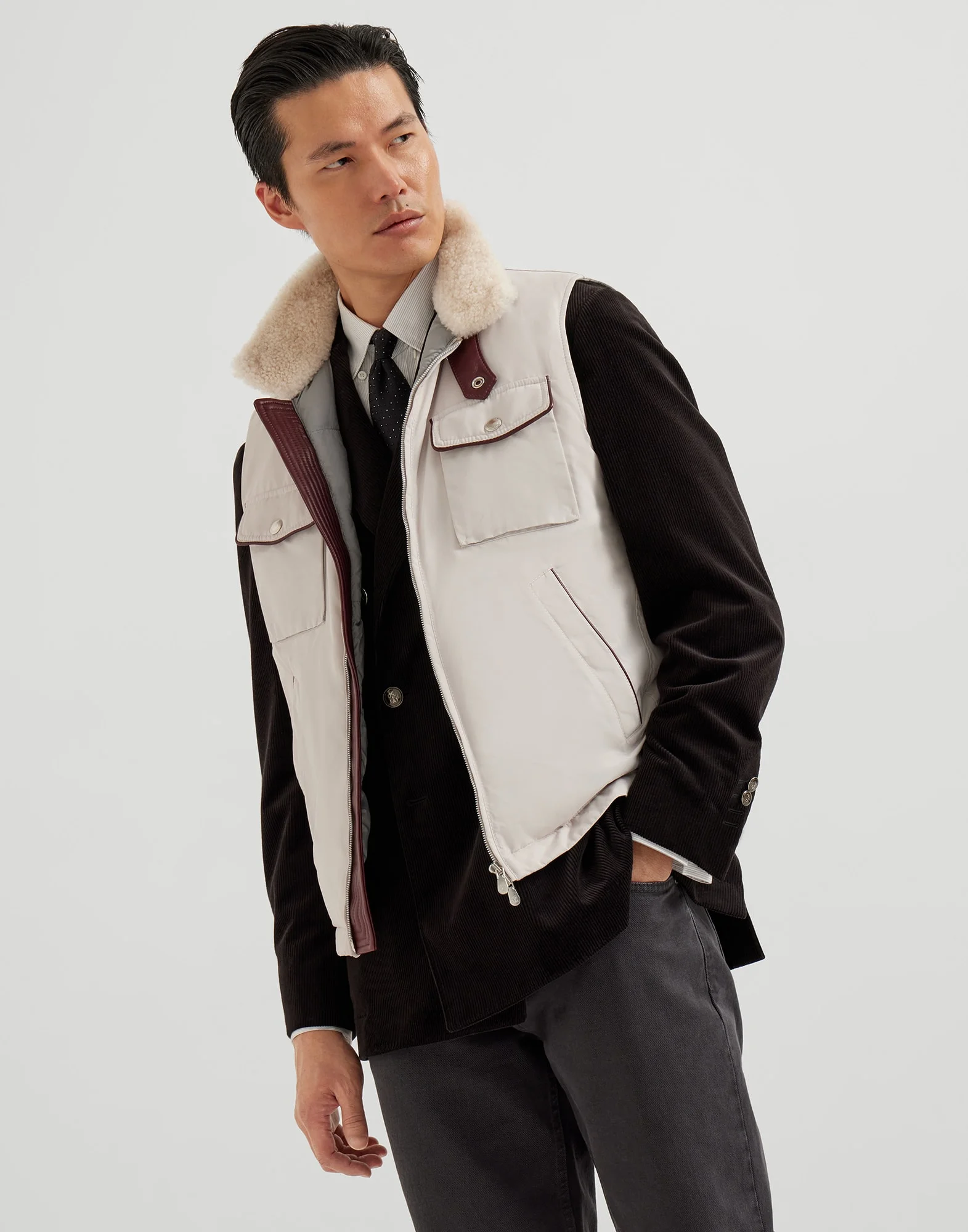 Techno satin down vest with leather details and detachable shearling collar - 1