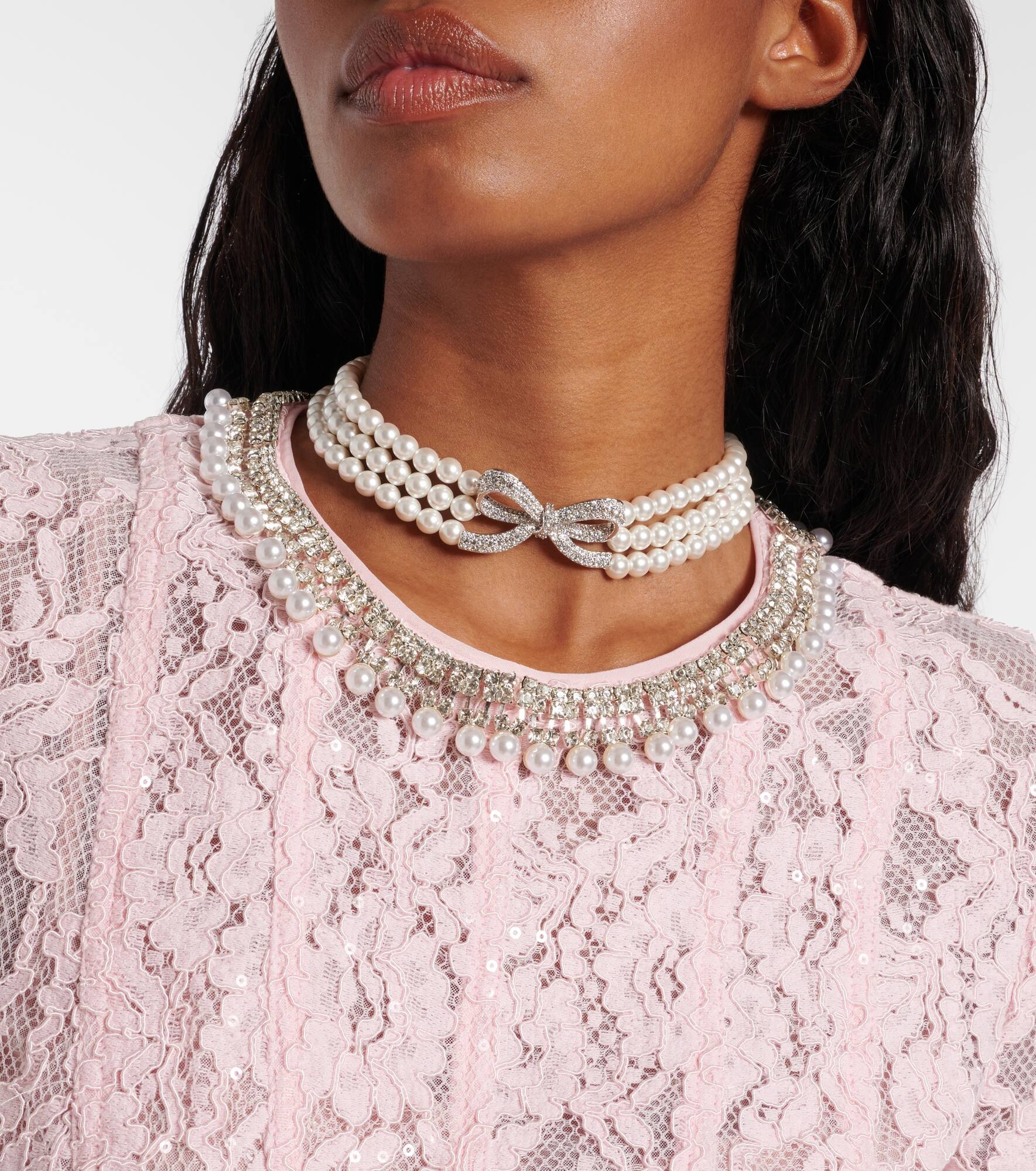 Embellished bow-detail faux pearl choker - 3