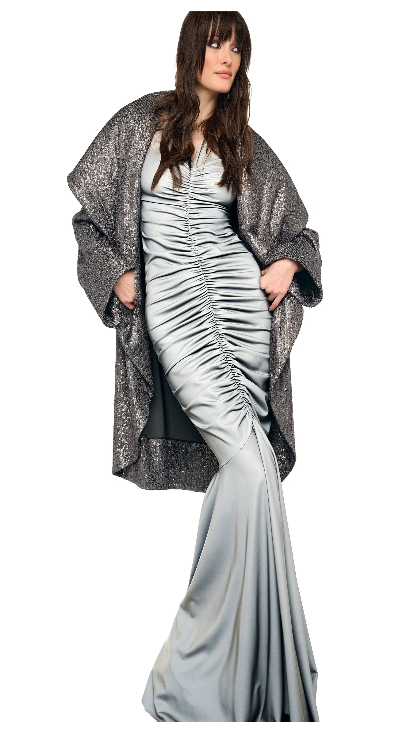 SLEEVELESS DEEP V NECK SHIRRED FRONT FISHTAIL GOWN - 1