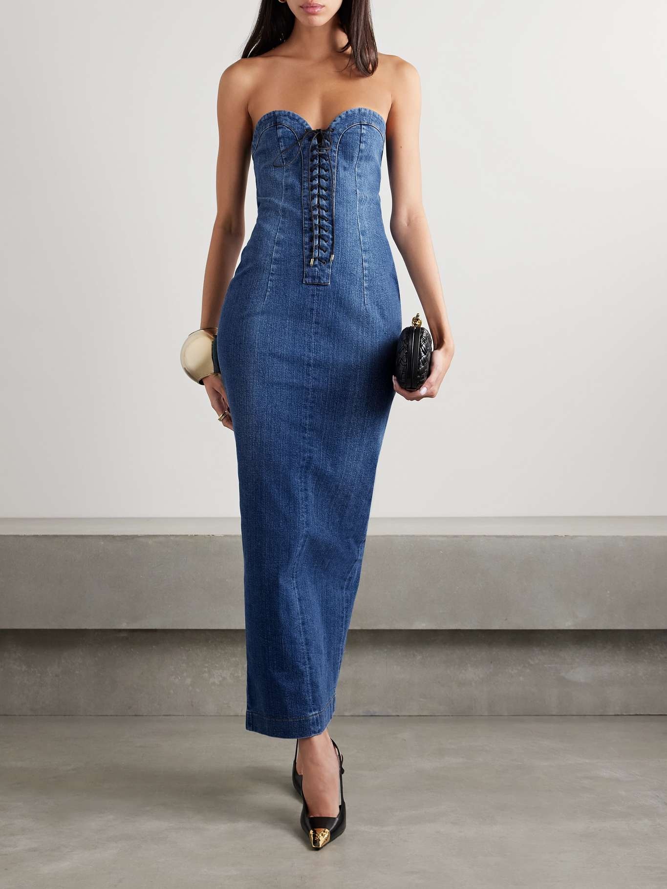 Strapless lace-up denim maxi dress - 2