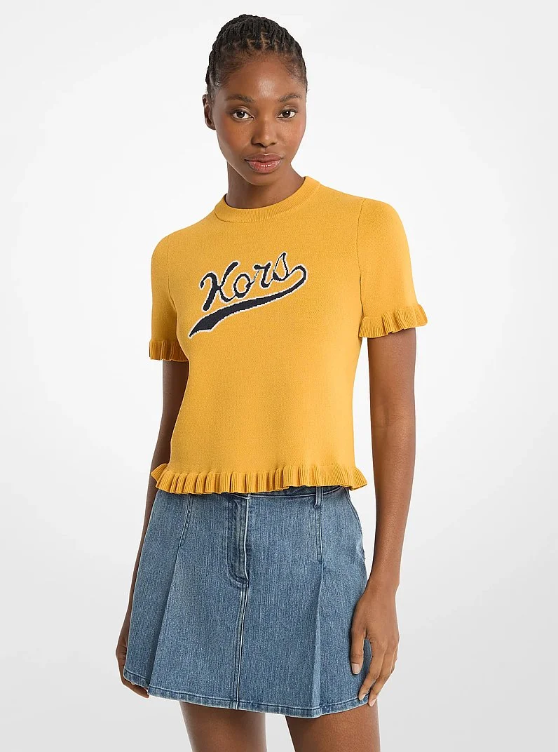 Ruffled Stretch Knit Logo Short-Sleeve Sweater - 1