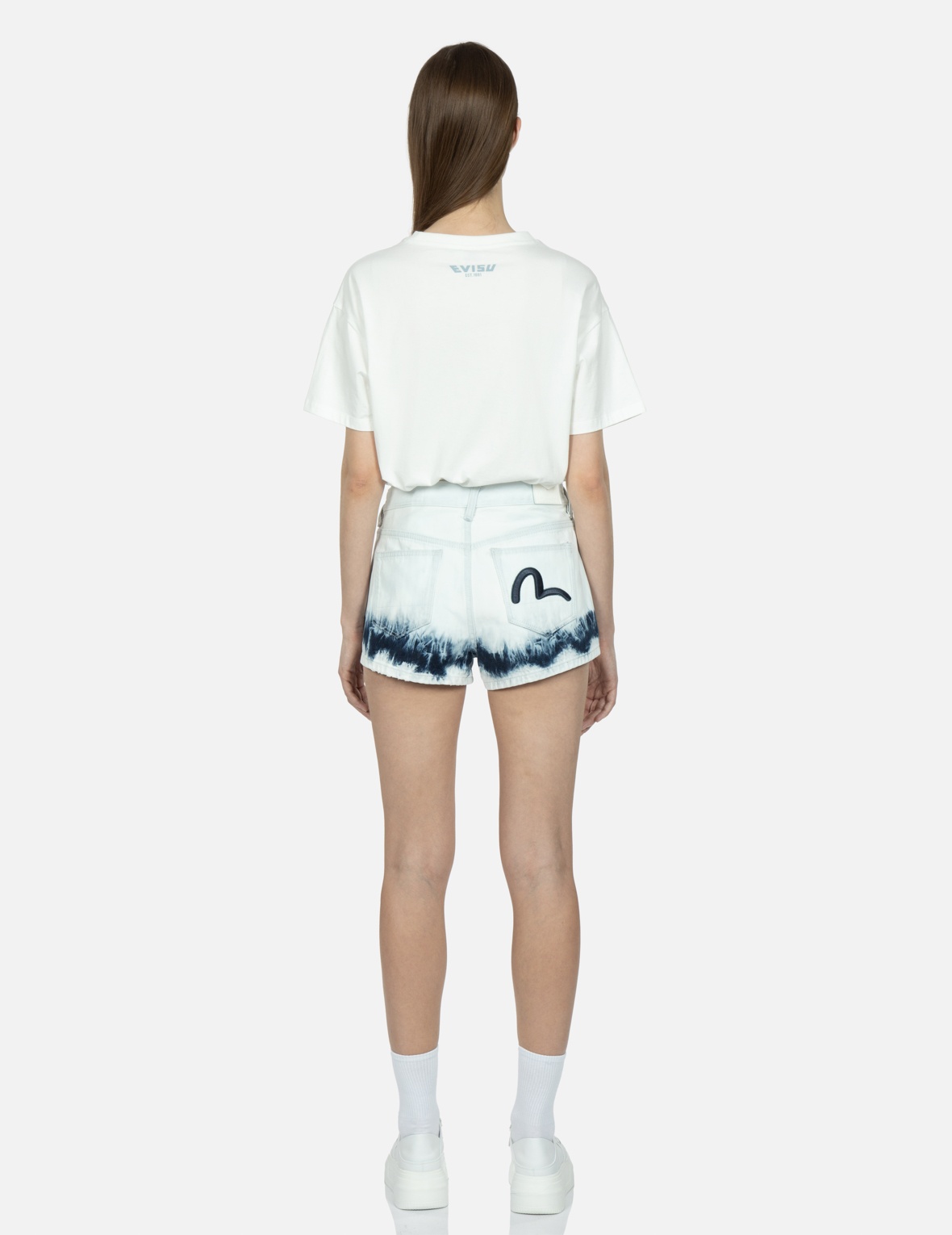 SEAGULL EMBROIDERY BLEACH TIE-DYE DENIM SHORTS - 6