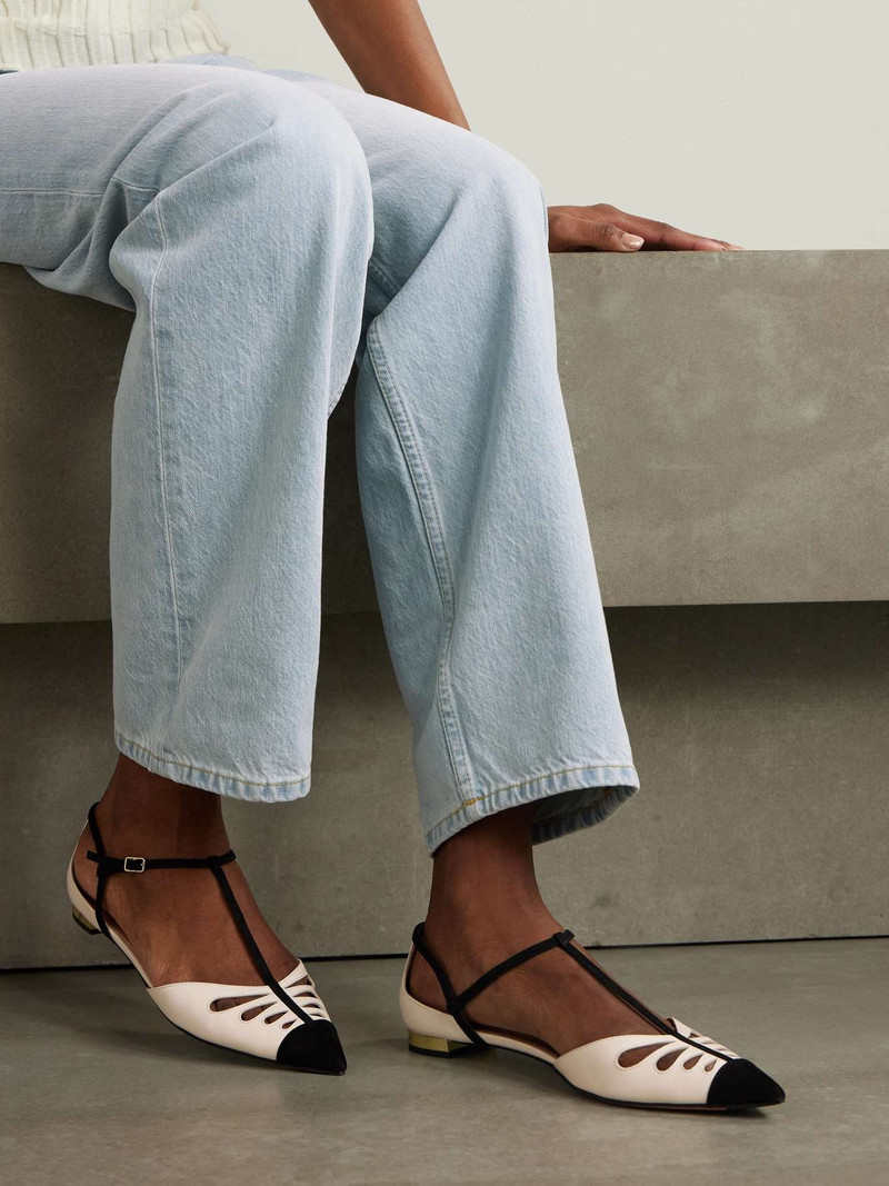 AQUAZZURA Camille suede-trimmed cutout leather point-toe flats Cream outlook