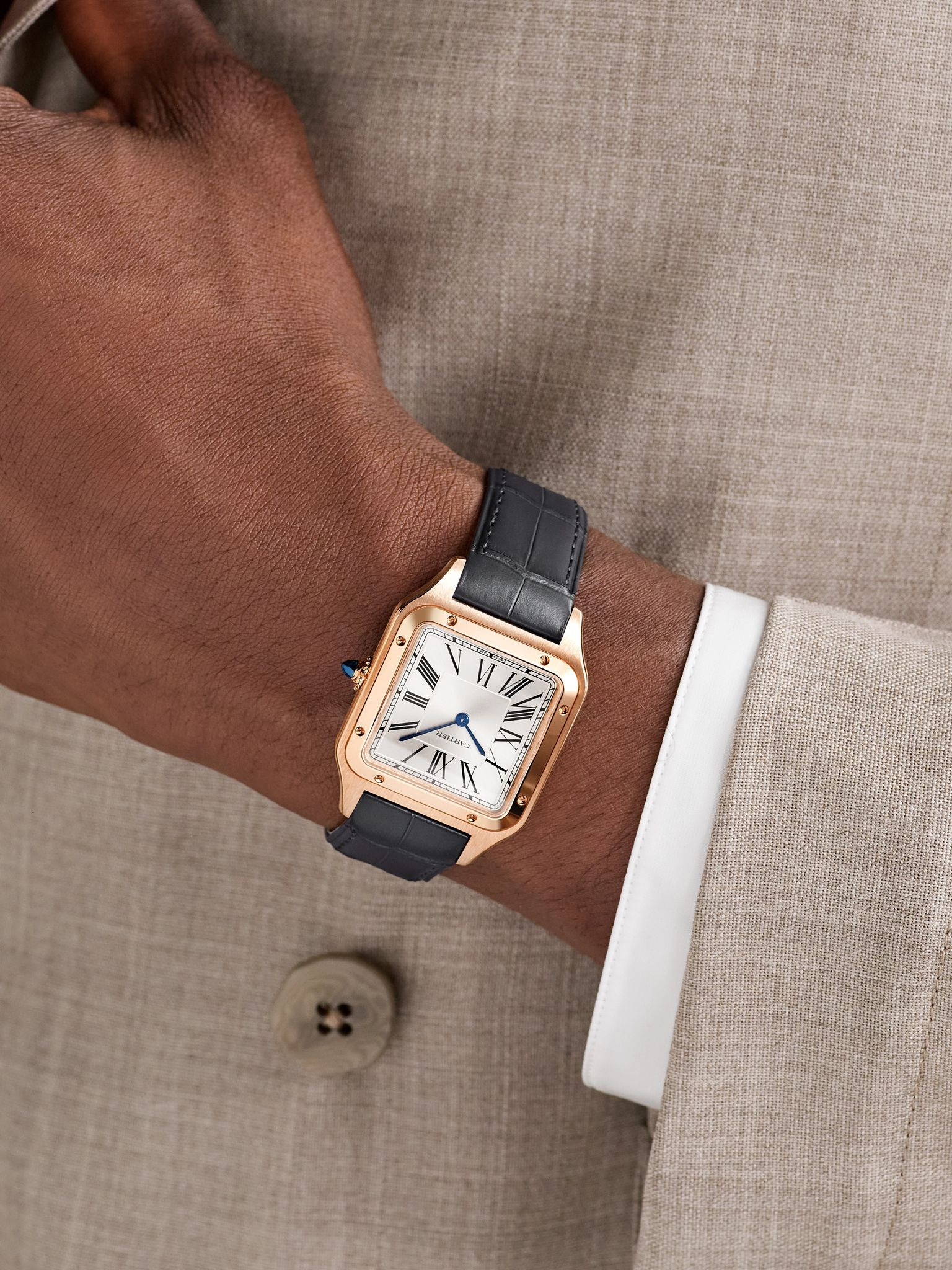 Santos-Dumont Large 43.5mm 18-Karat Rose Gold and Alligator Watch, Ref. No. CRWGSA0116 White - 2