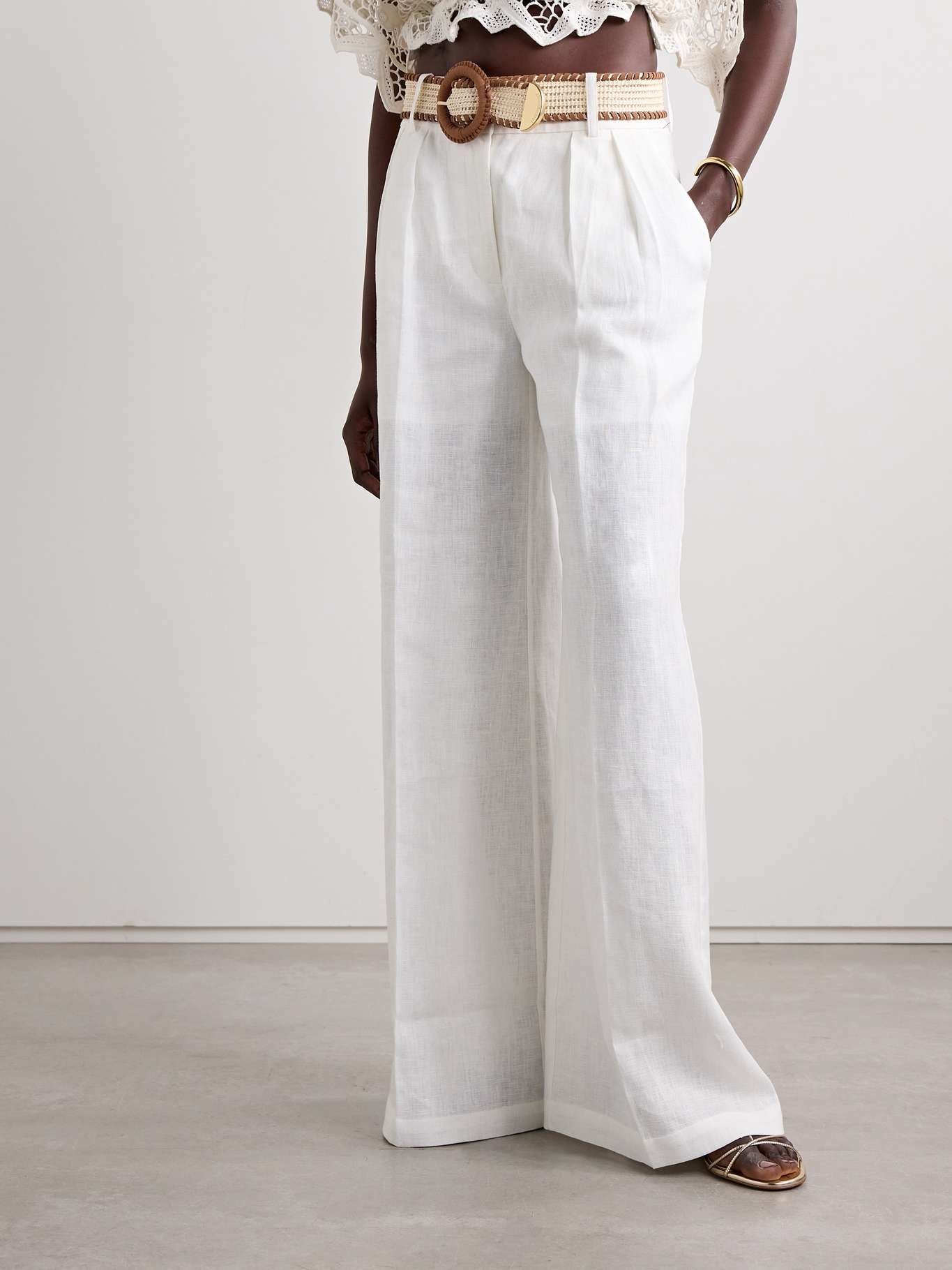 Golden belted pleated linen wide-leg pants - 3