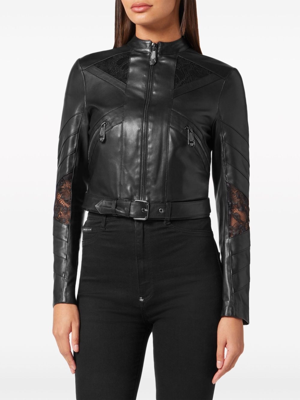 lace-embellished leather jacket - 3