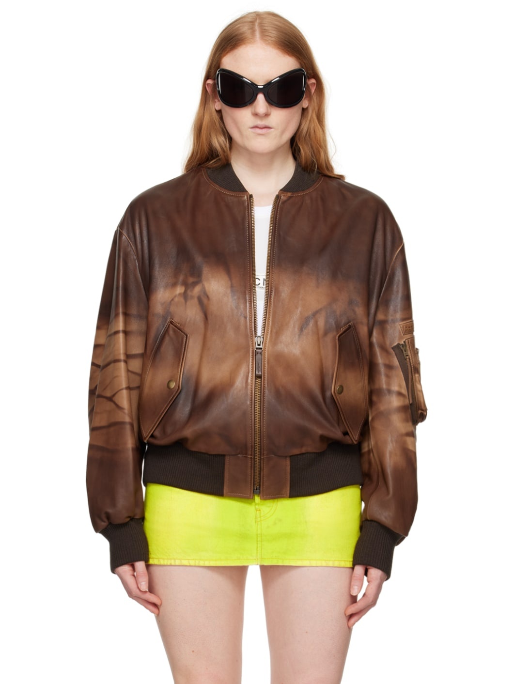 Brown Relaxed Fit Leather Bomber Jacket - 1
