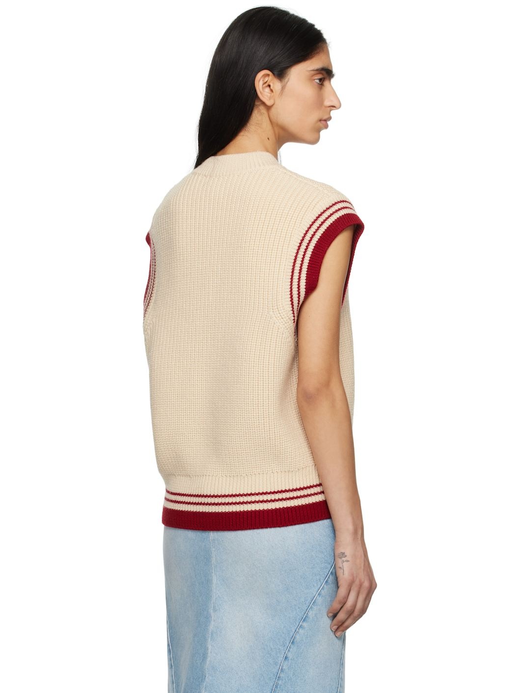 Beige Wool Ribbed Sleeveless V Neck Vest - 3