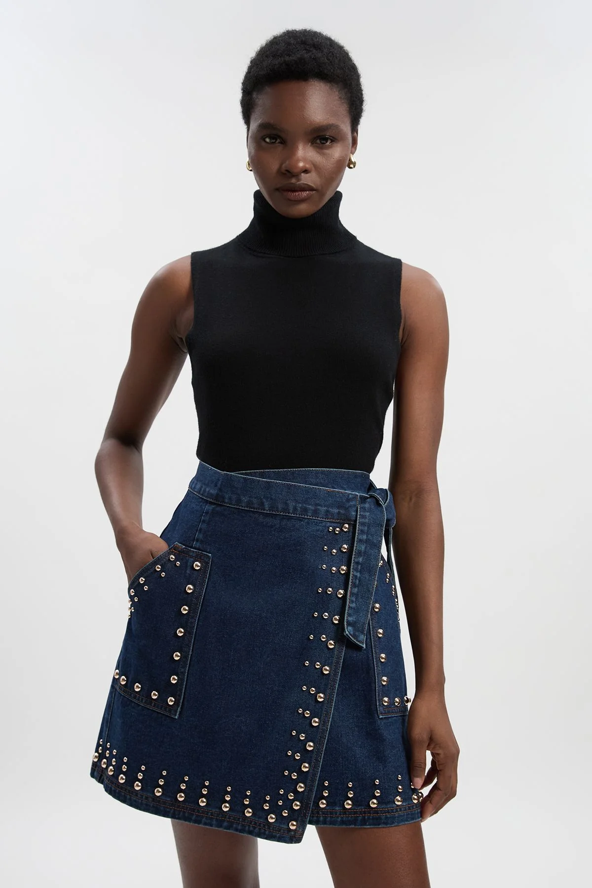 Denim Studded Wrap Mini Skirt - 1