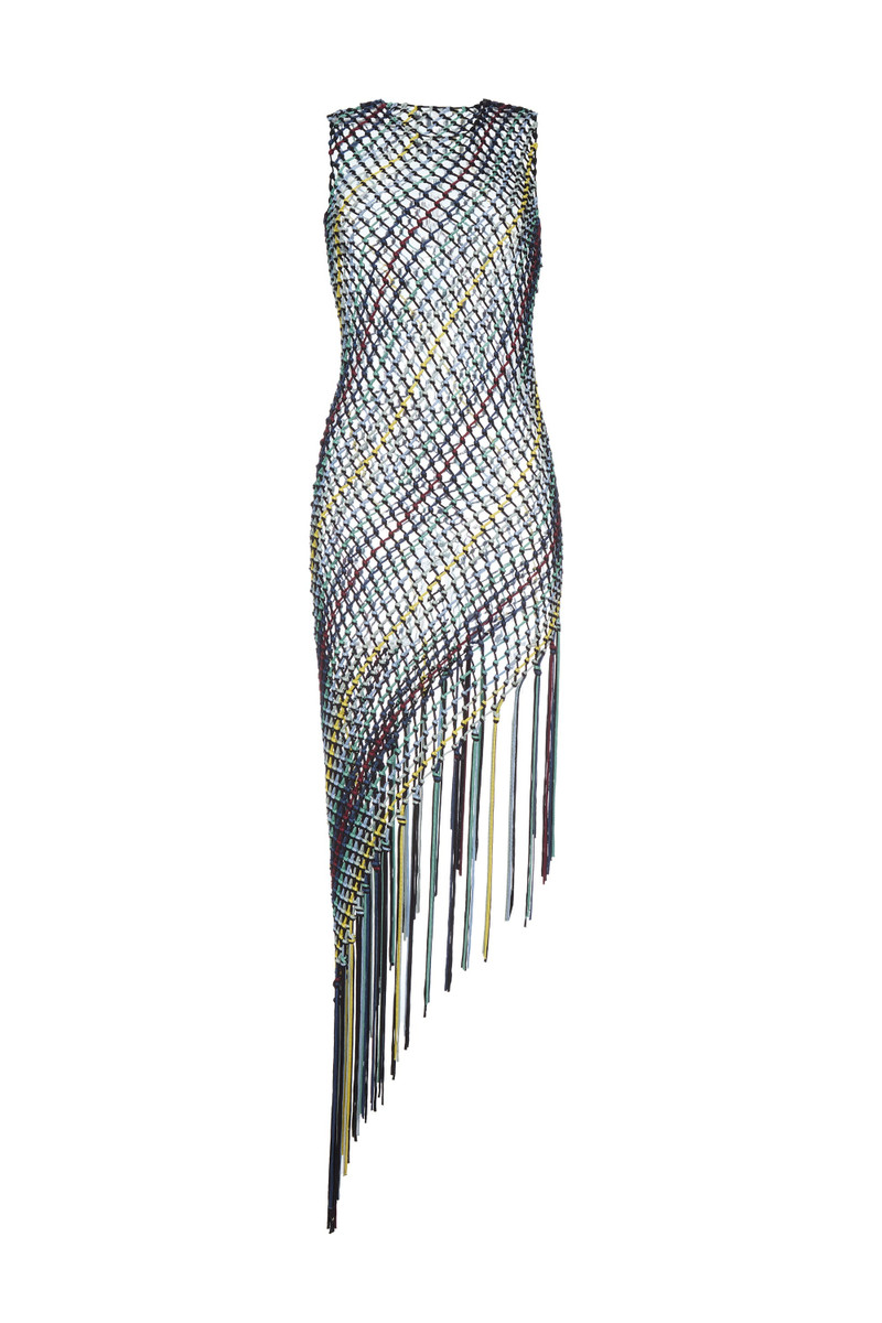Nabia L Fringe Macrame Maxi Dress in Black Multi Silk - 1