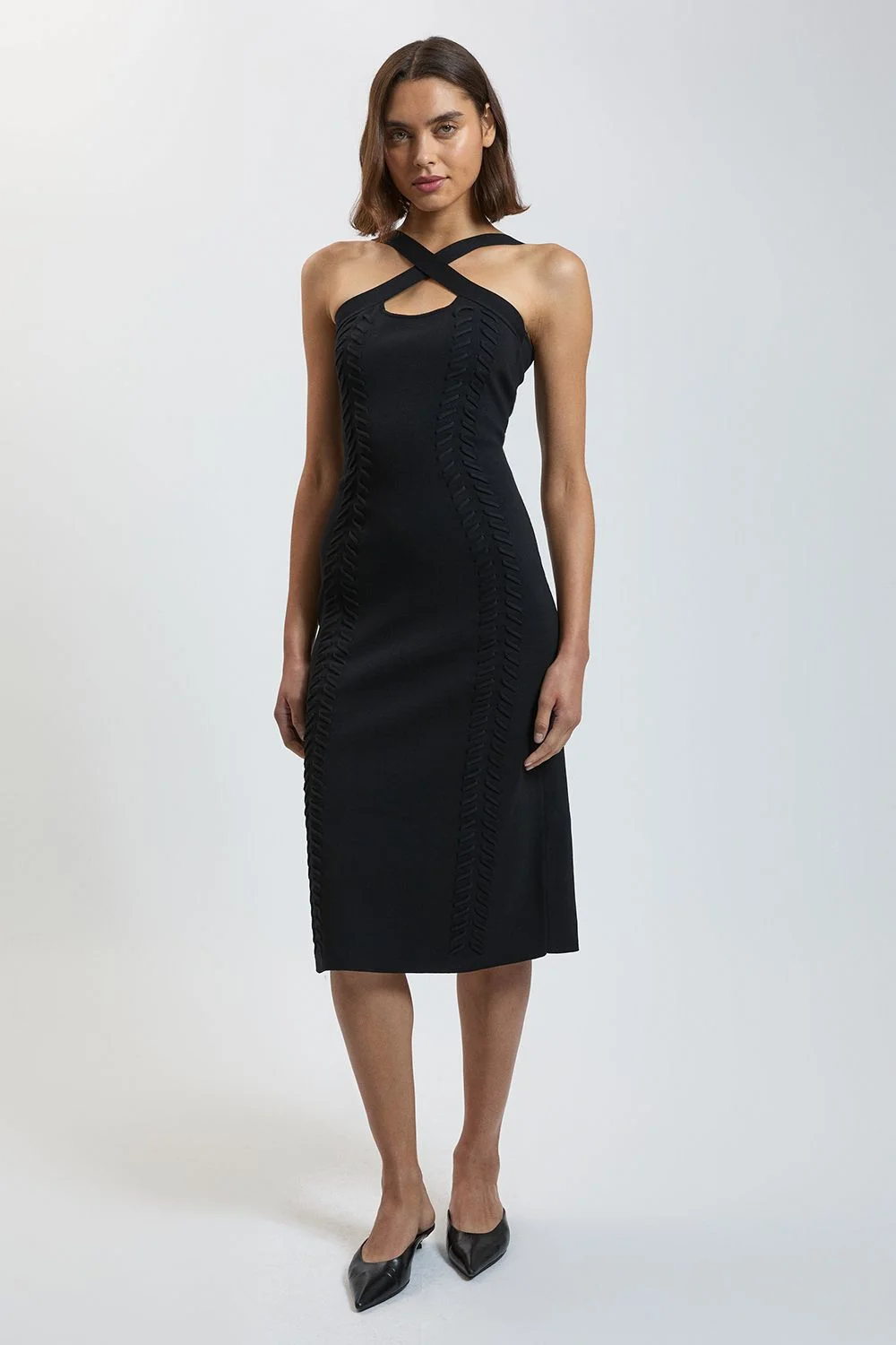Lace Up Detail Knitted Halter Cross Front Maxi Dress - 1
