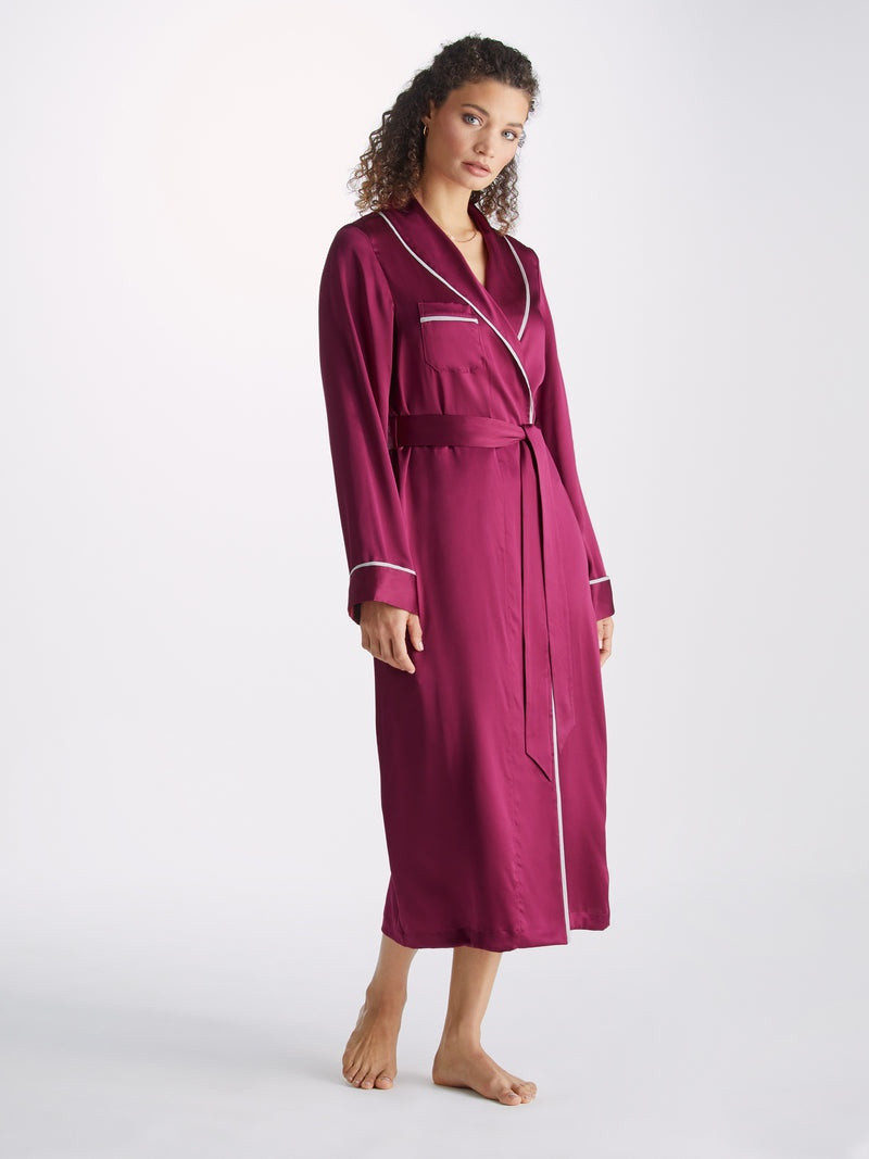 Derek Rose Women's Long Dressing Gown Bailey Silk Satin Berry outlook