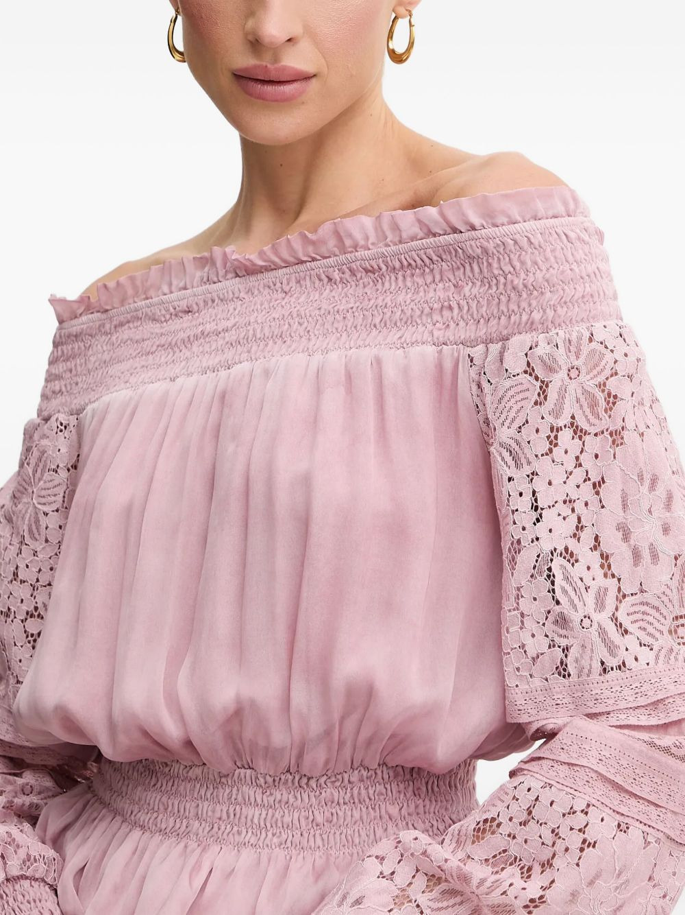 lace-sleeves smocked blouse - 5