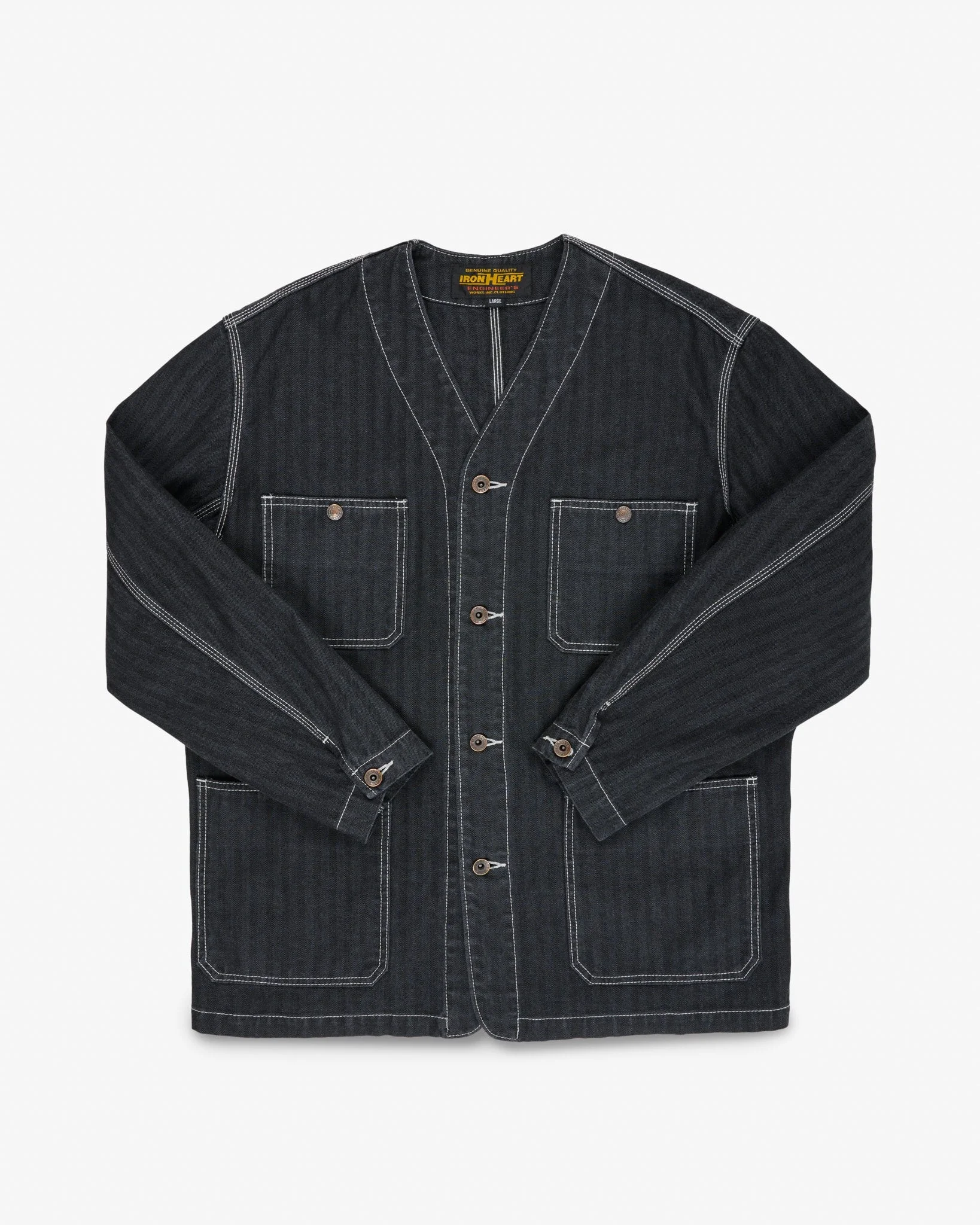IHJ-158-BLK 10.5OZ HERRINGBONE COLLARLESS CHORE JACKET - BLACK OVERDYED BLACK - 1
