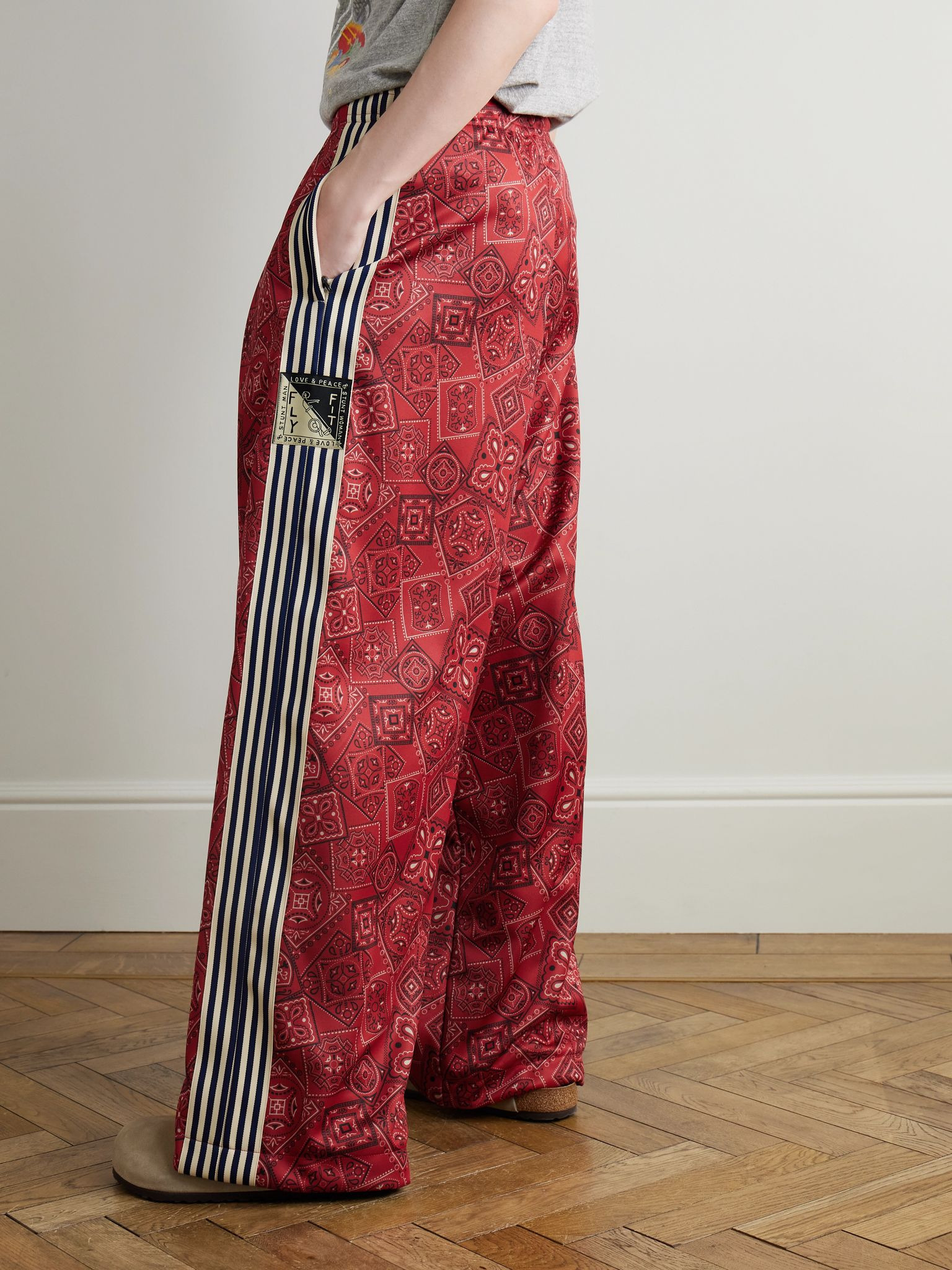 Wide-Leg Striped Webbing-Trimmed Bandana-Print Tech-Jersey Track Pants Red - 4
