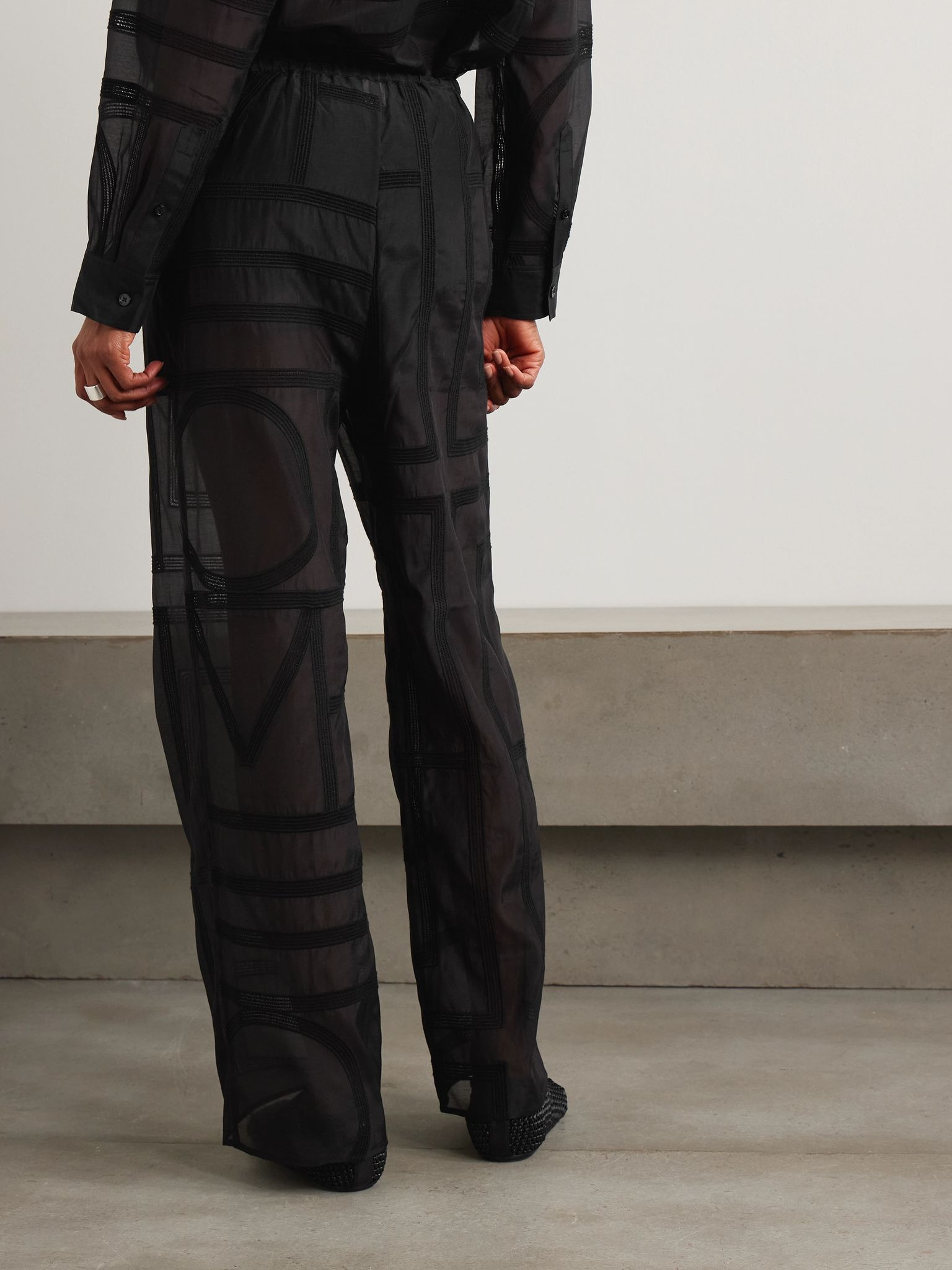 Embroidered organic cotton and silk-blend  voile wide-leg pants Black - 4