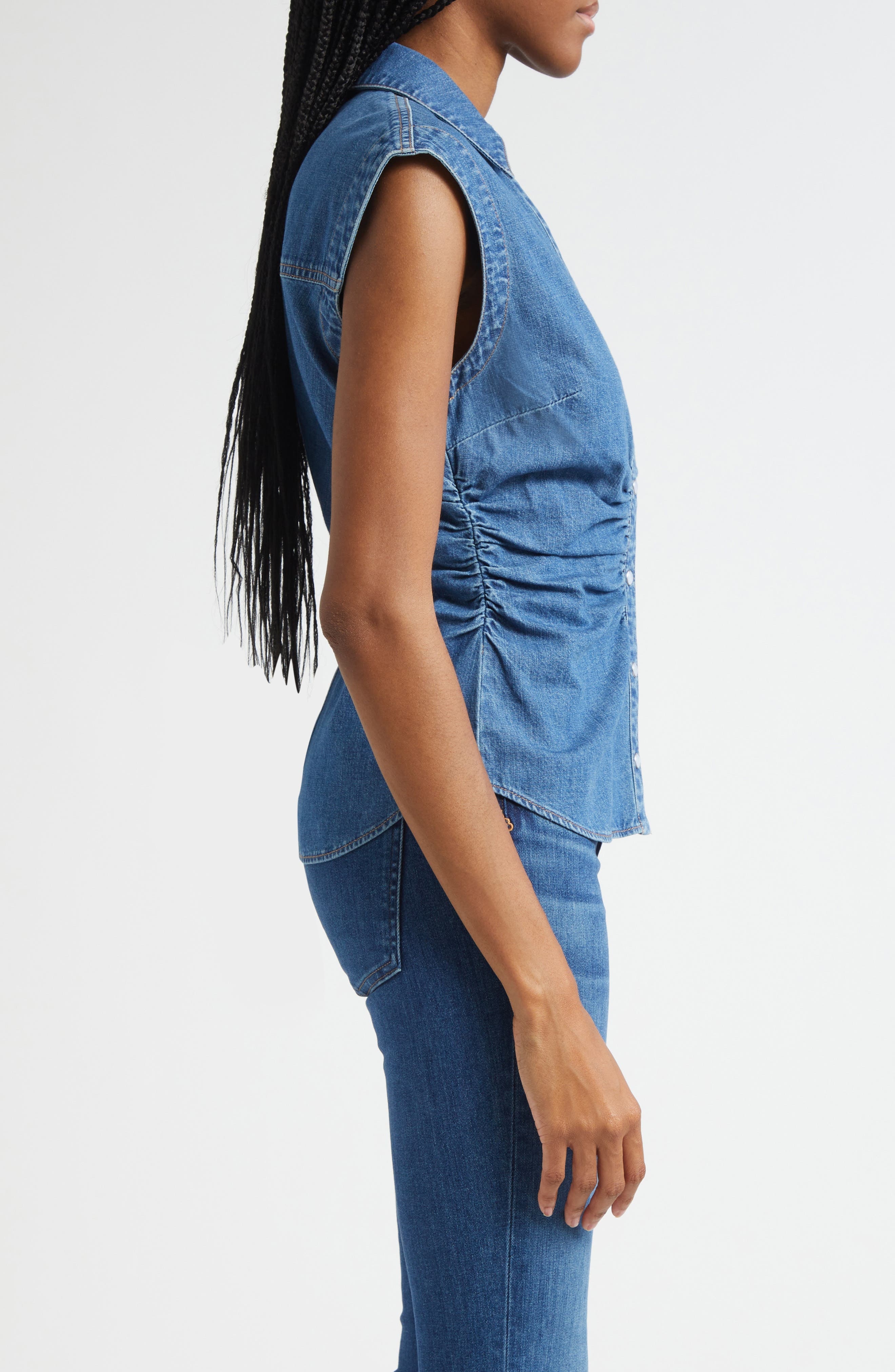 Veronica Beard Sera Center Ruched Sleeveless Denim Button-Up Shirt in Serendipity at Nordstrom - 3