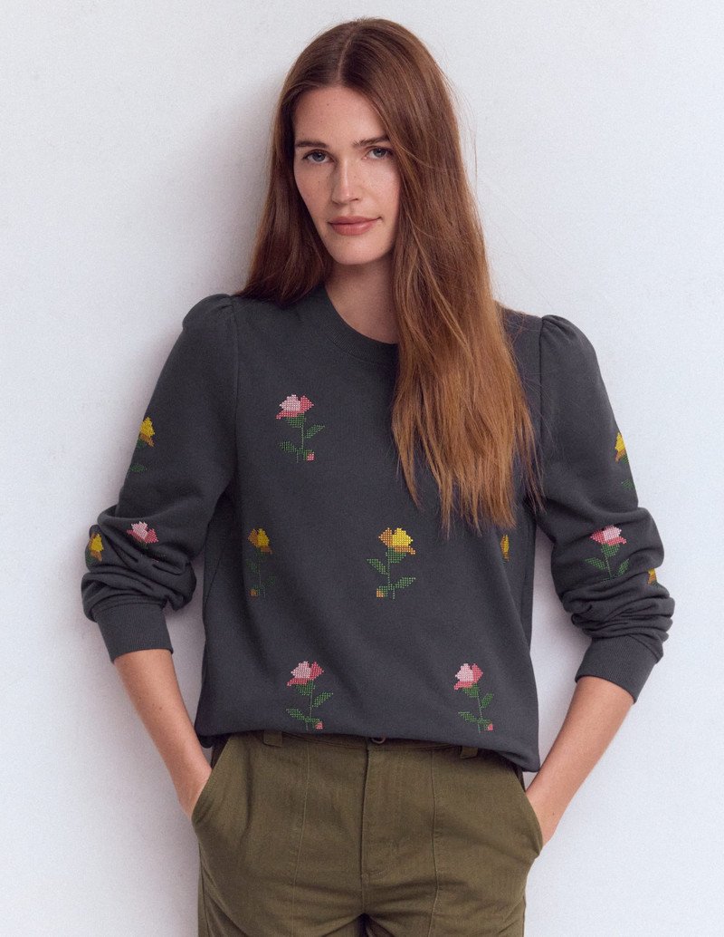 Puff Sleeve Embroidered Sweat-Cross Stitch Flower Embroidery 5