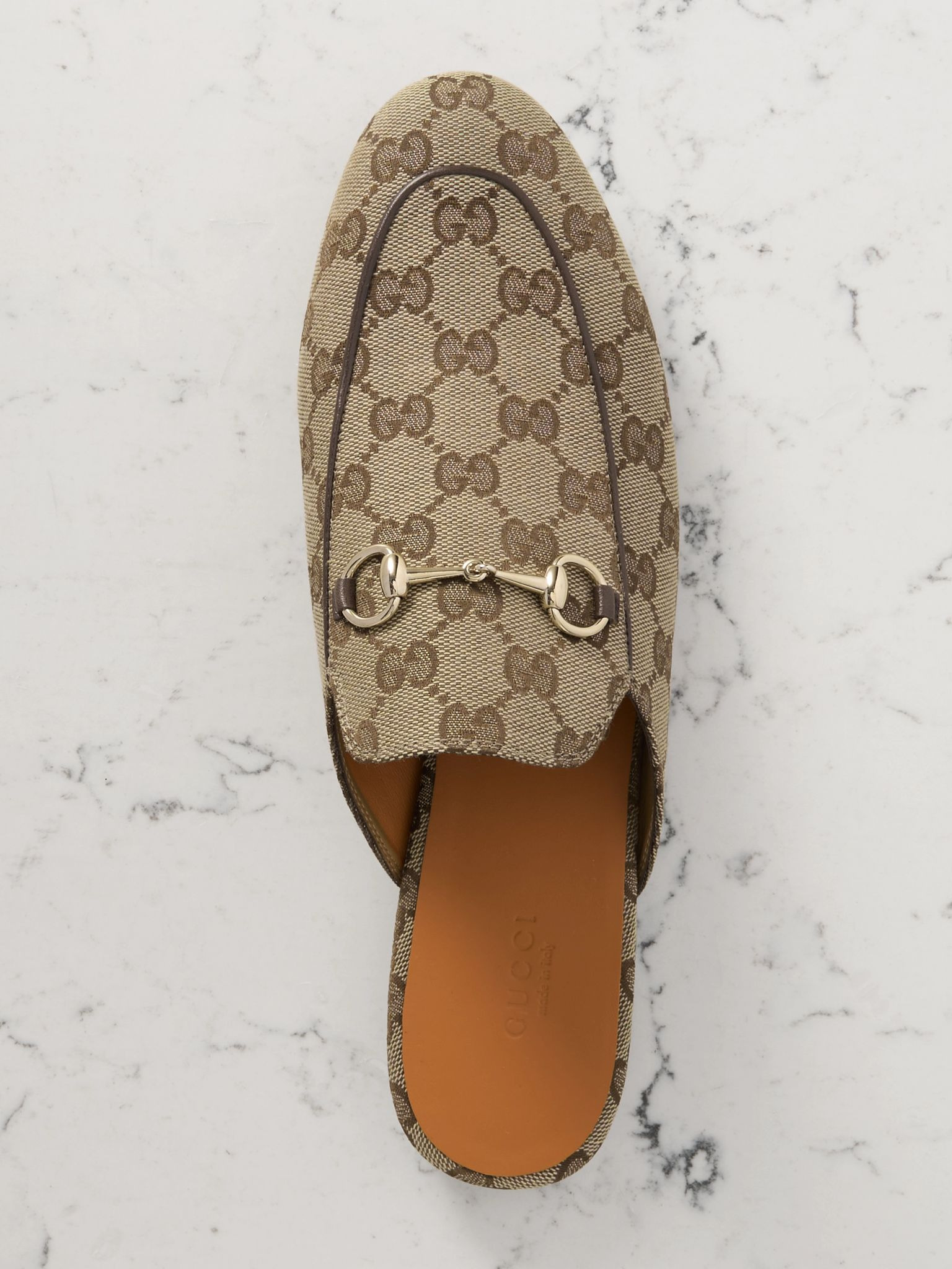 Princetown horsebit-detailed leather-trimmed canvas-jacquard slippers Beige - 5