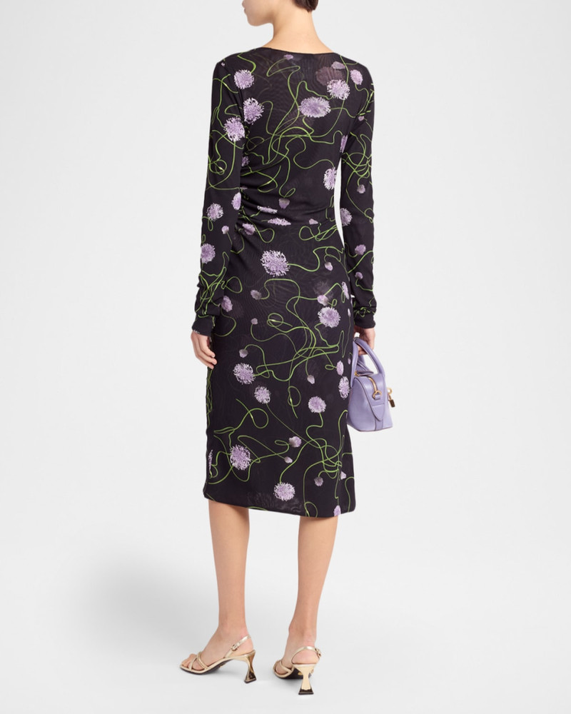 Twisted Flower-Print Ruched Mesh Long-Sleeve Dress 3
