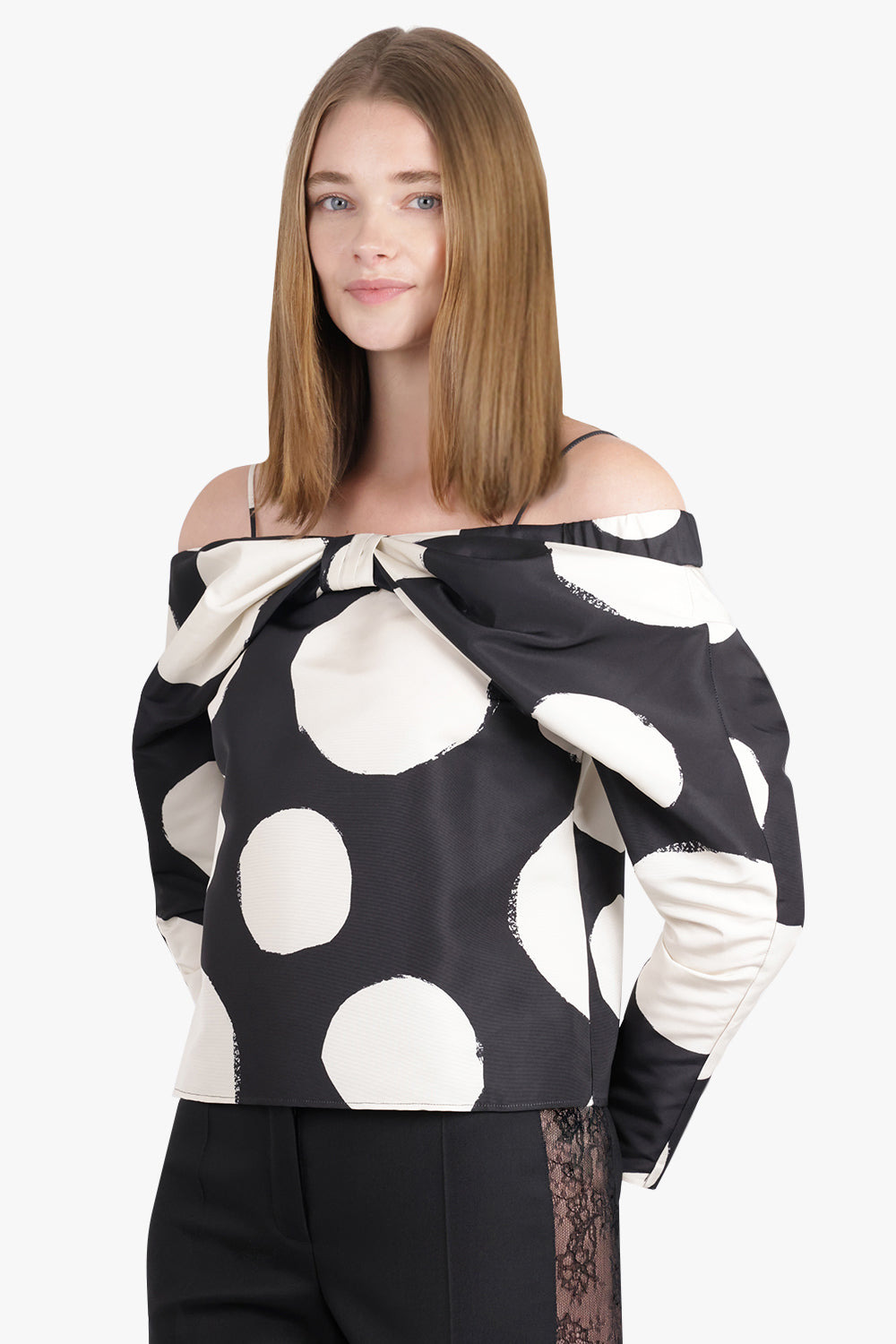 POLKA DOT OFF SHOULDER BOW DETAIL L/S TOP | BLACK/WHITE - 7