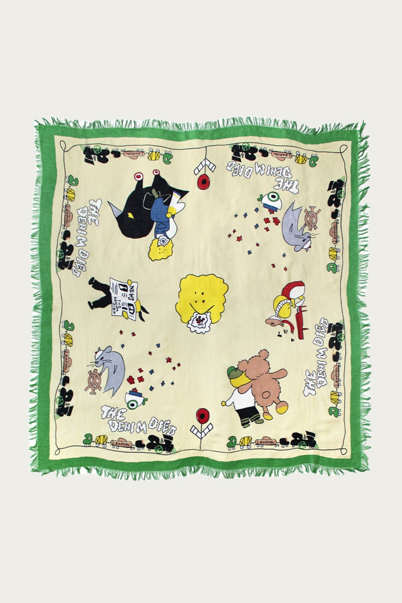 Linen Rayon Fringed Stole (PECKISH RAINBOWY PARK) - Green 1