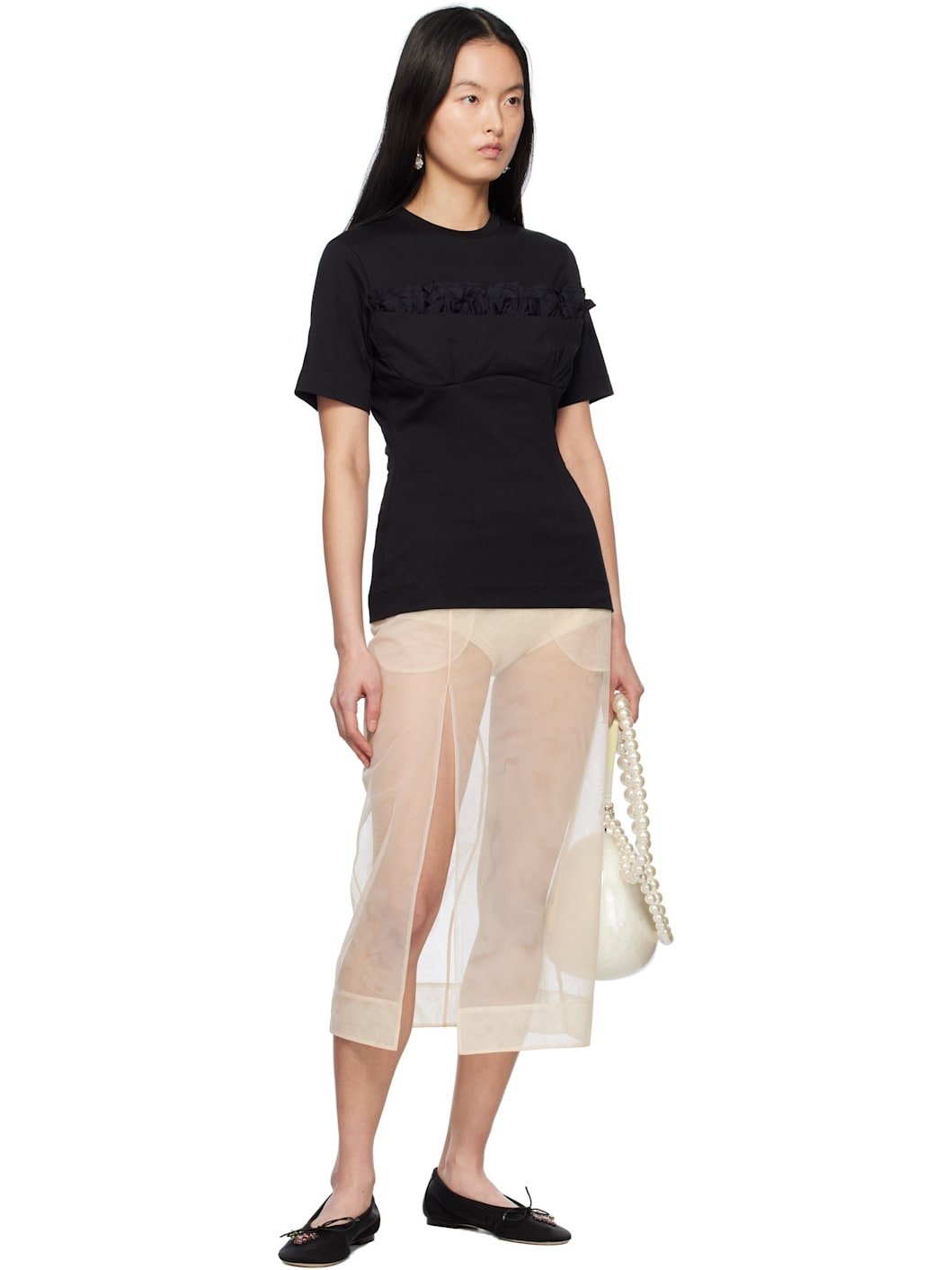 Beige Sheer Slit Pencil Midi Skirt - 4