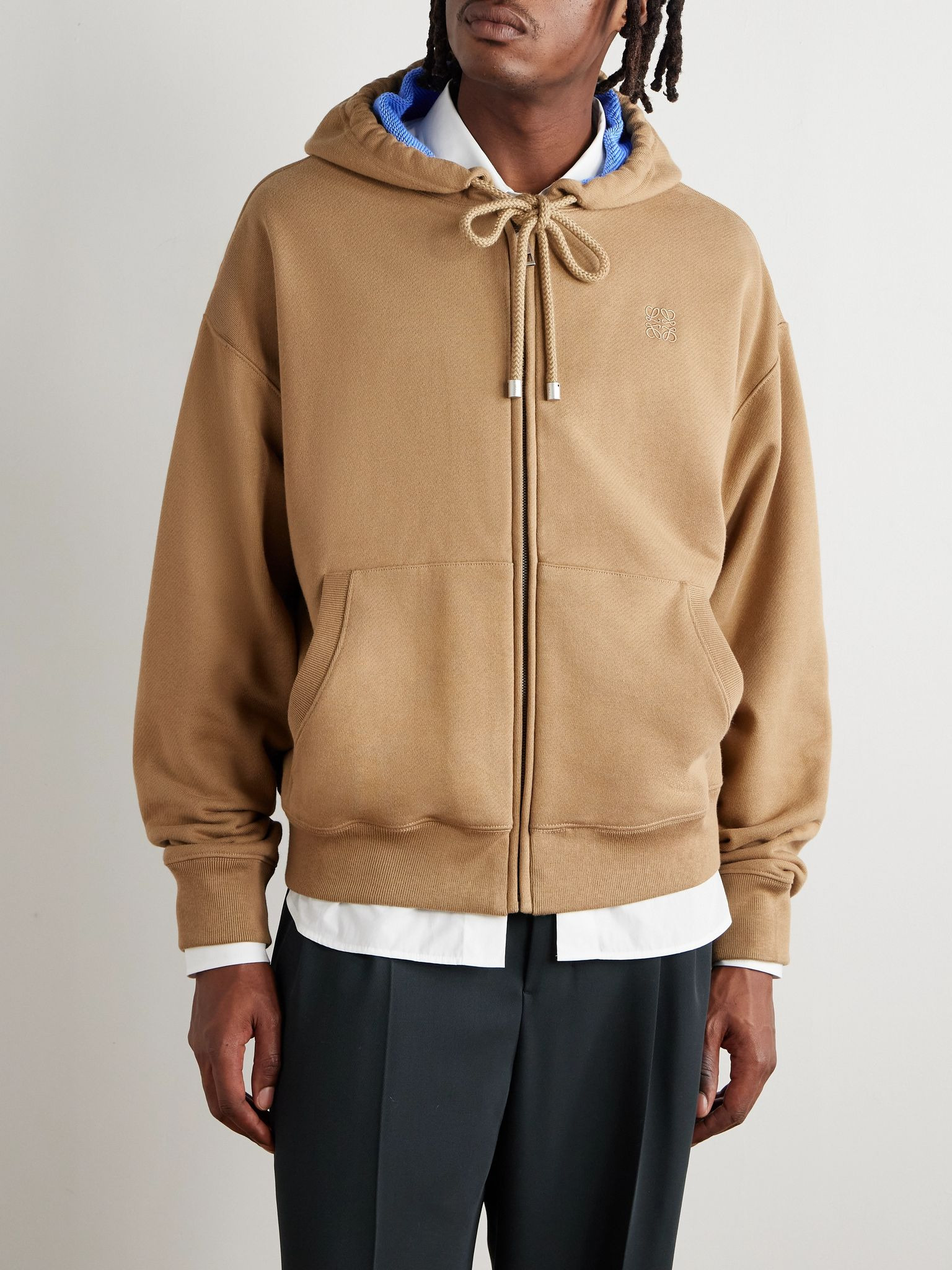 Logo-Embroidered Cotton-Jersey Hoodie Beige - 3