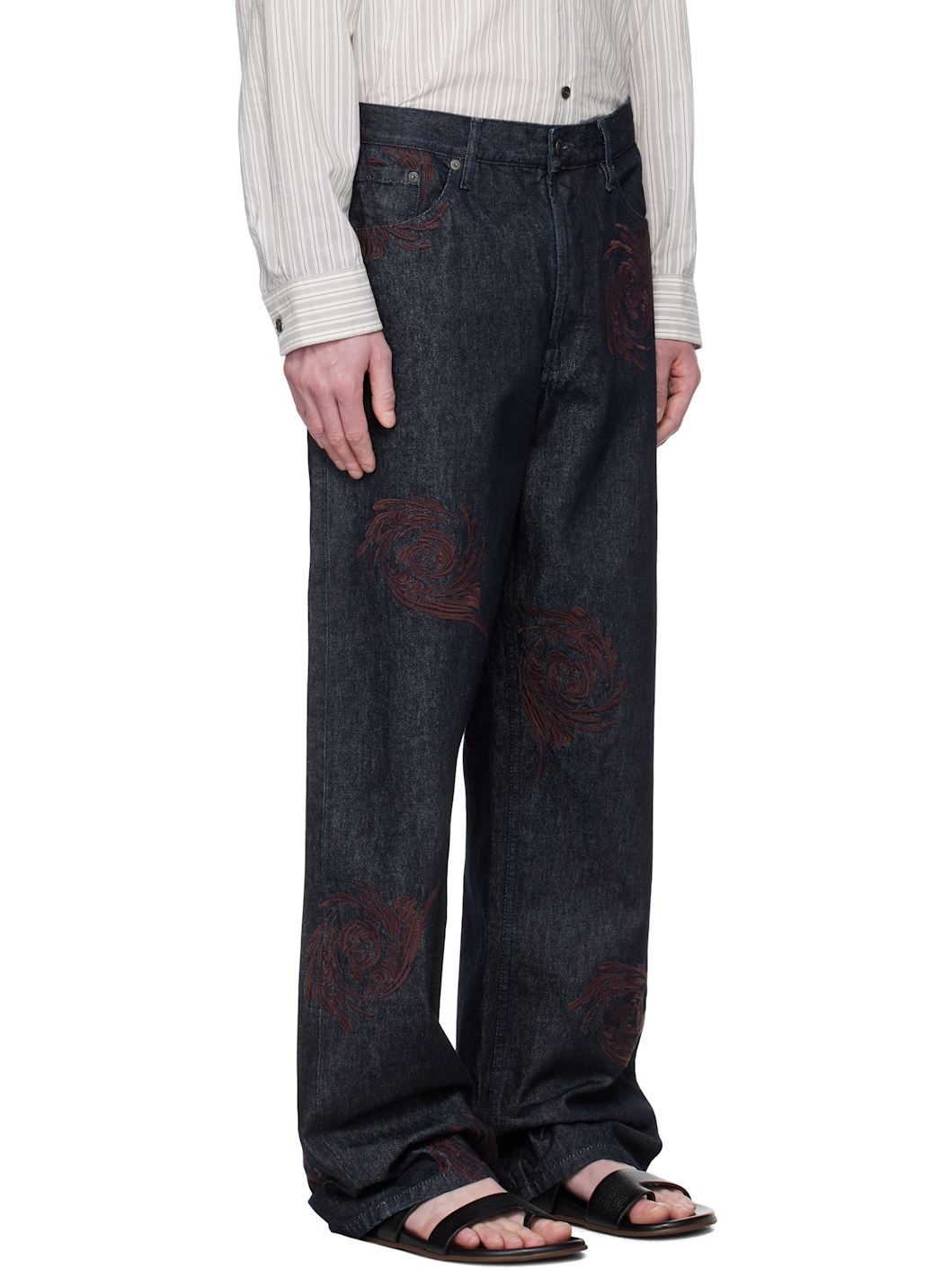 Navy Embroidered Pattern Jeans - 2