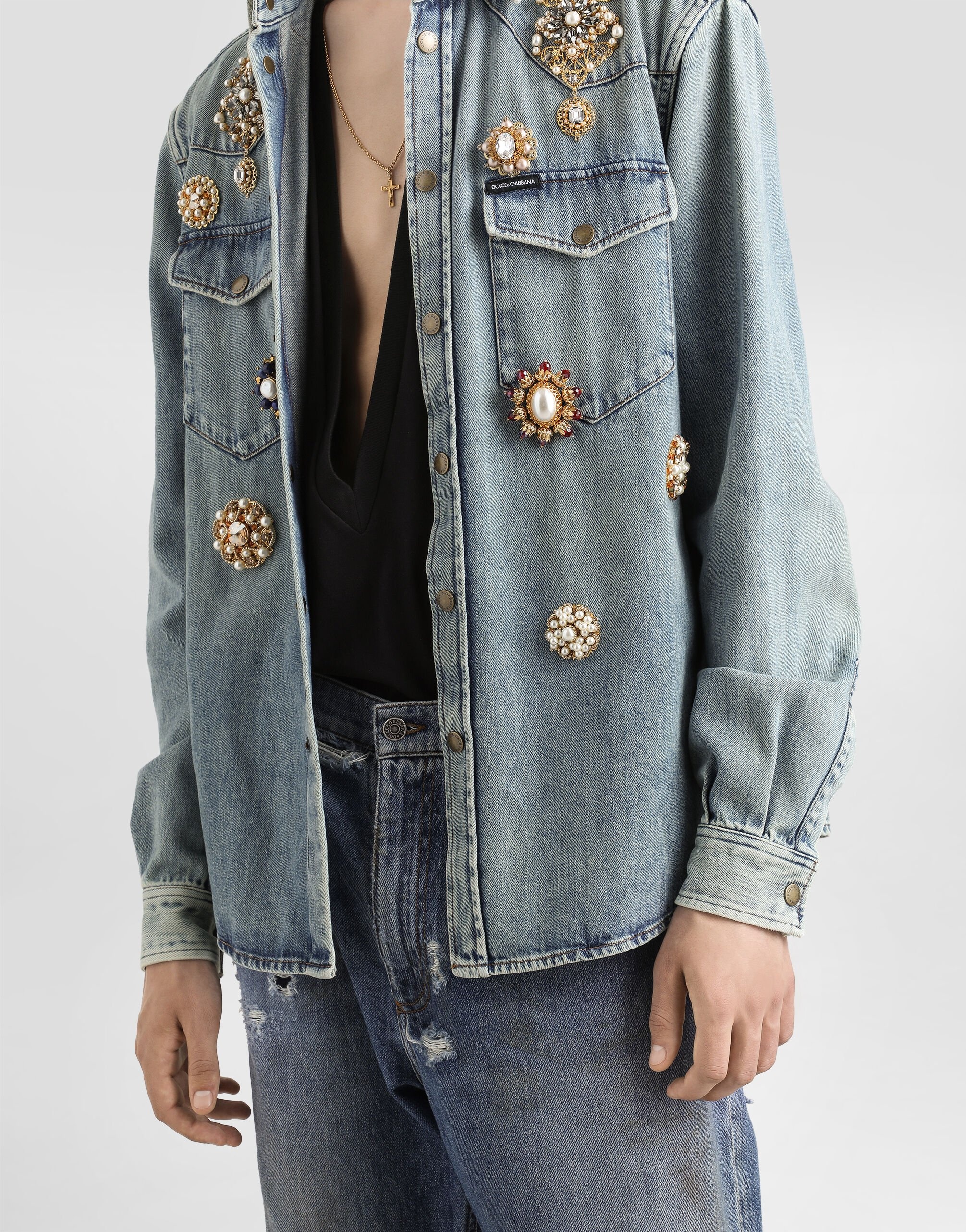 Denim shirt with bejeweled appliqués - 4