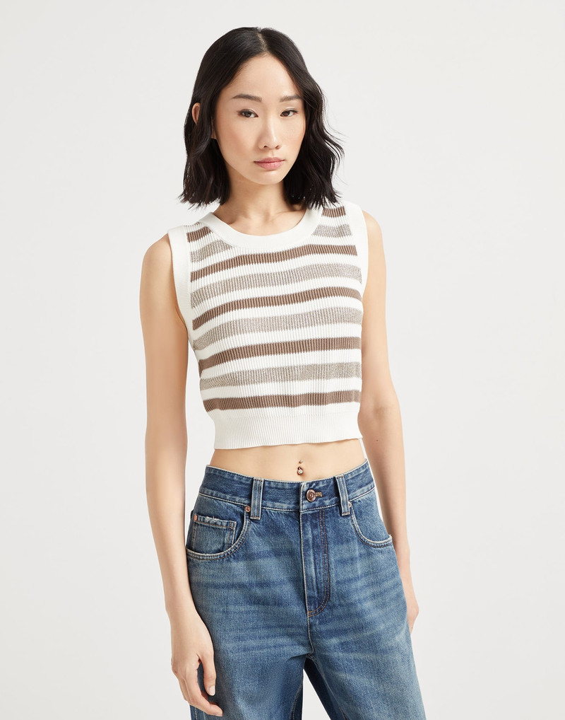 Sparkling striped cotton knit top with monili 1