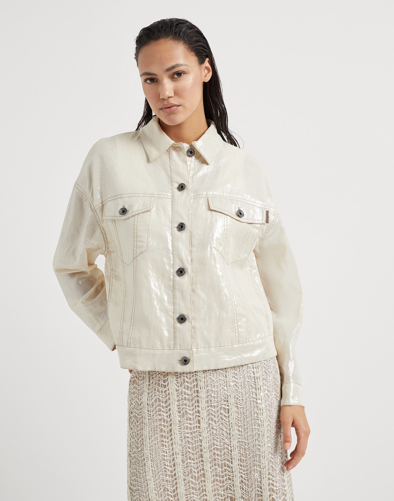 Lamé cotton gauze four-pocket jacket with shiny tab - 1