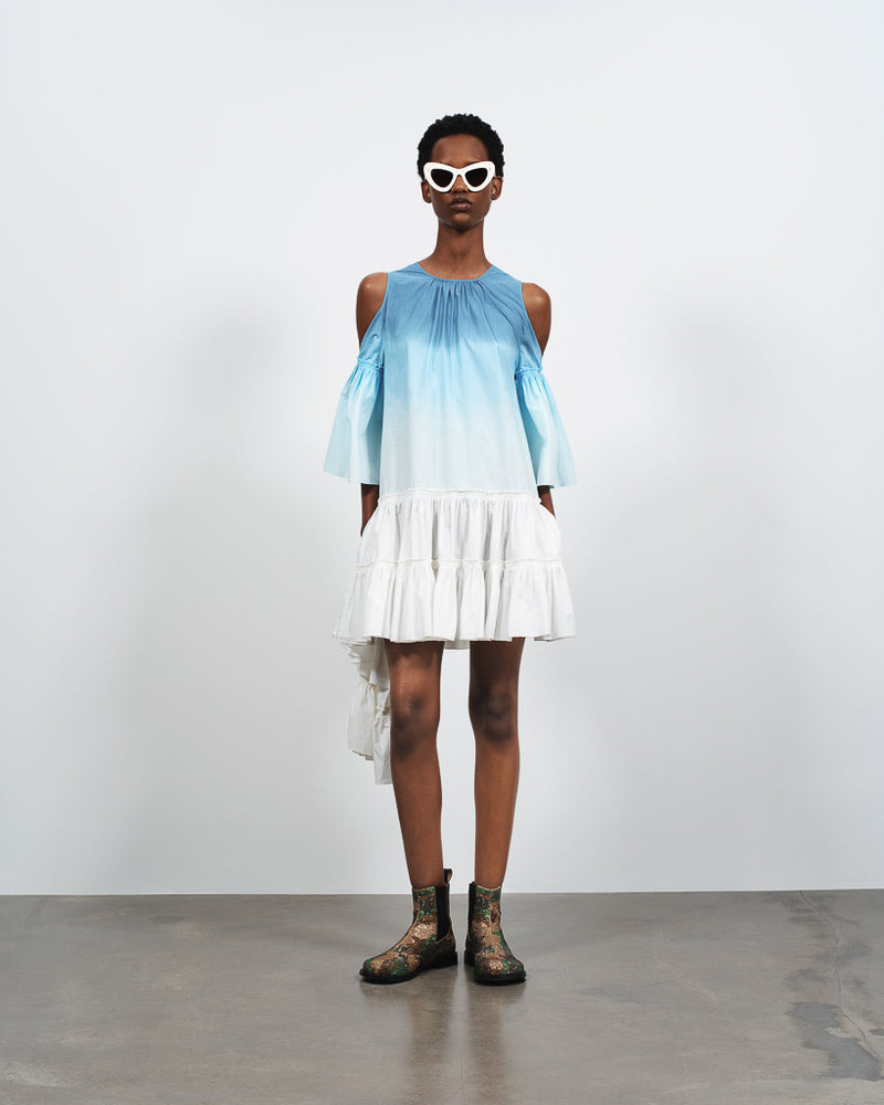 WOMENS DIP DYE RUFFLE DRESS IN WHITE & BLUE 4