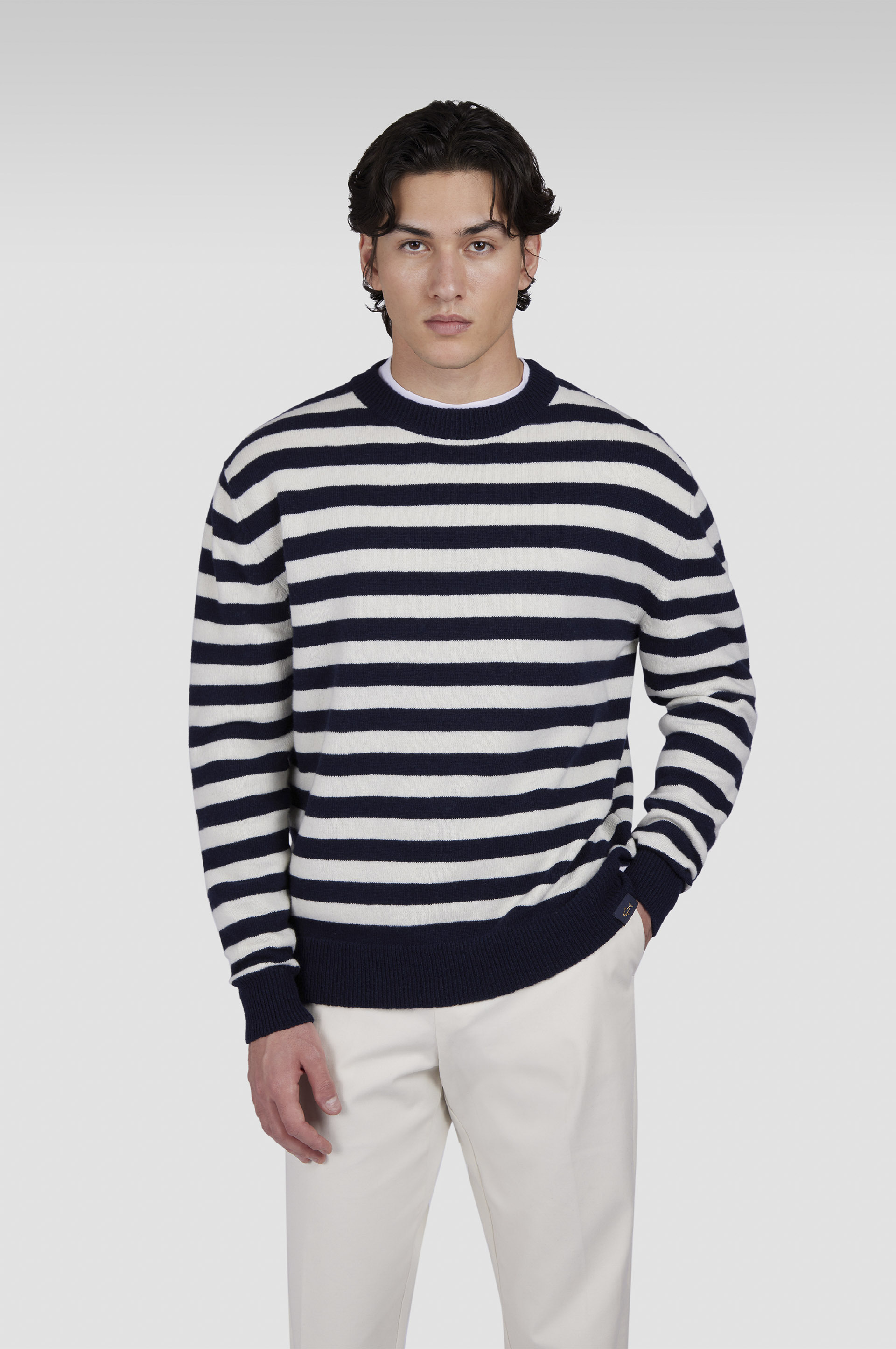 CREW NECK SWEATER IN RE-WOOL WITH STRIPED PATTERN - 6