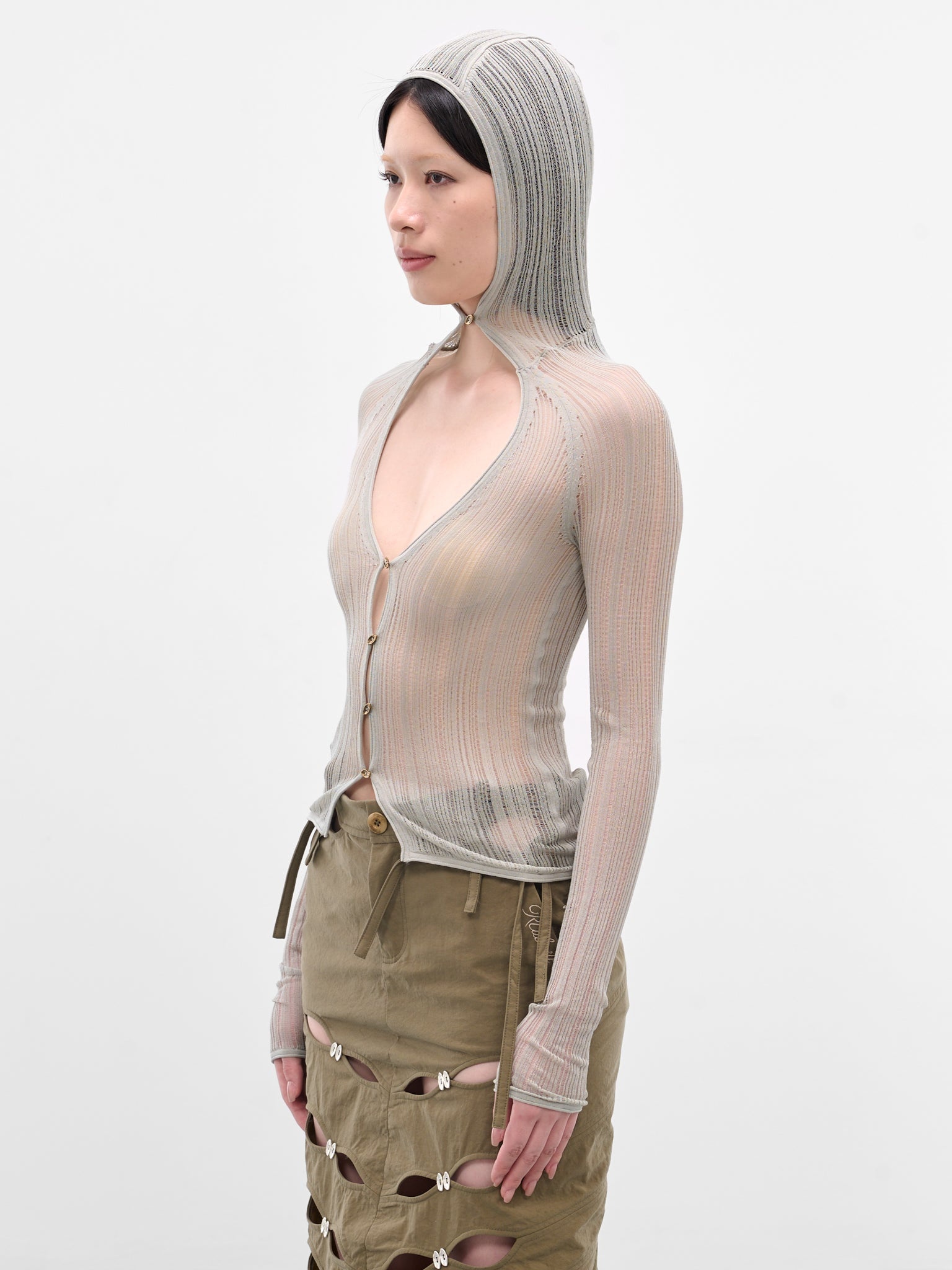 Grey Sheer Knit Hood Cardigan - 2