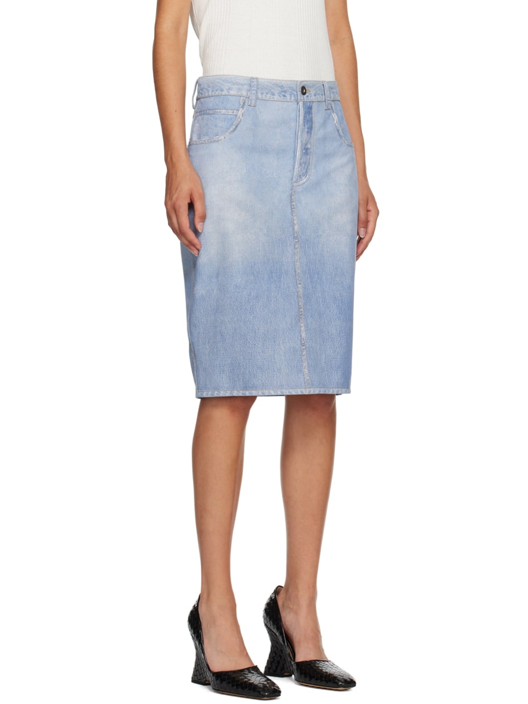 Blue Printed Leather Midi Skirt - 2