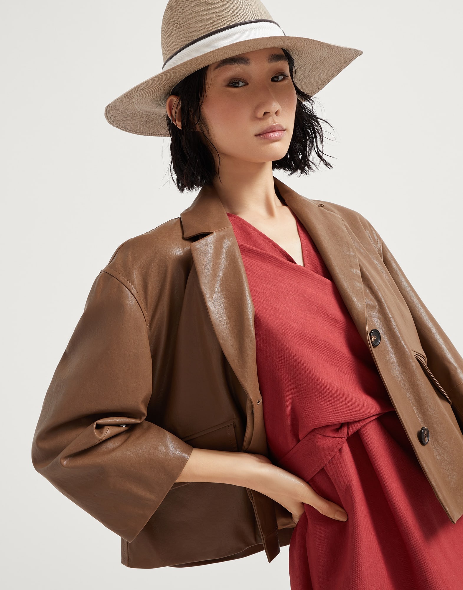 Viscose and linen fluid twill wrap-effect dress with monili - 4