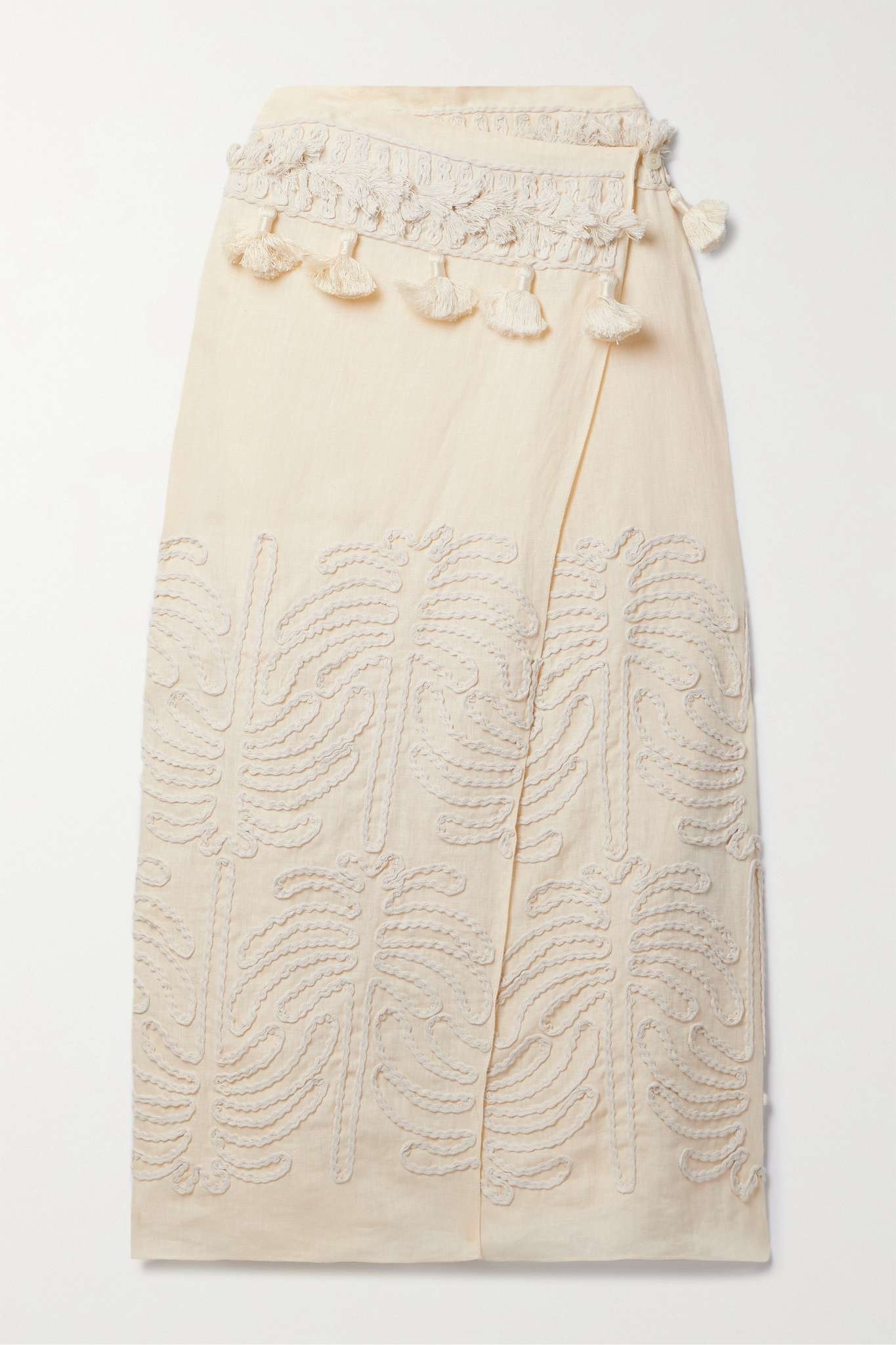 + NET SUSTAIN Tansania Sun tassled embroiderd linen and cotton-blend midi wrap skirt - 1